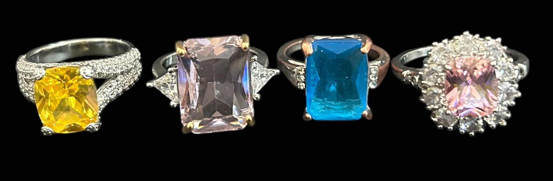 Photo 1 of 4-SILVER-TONE W FAUX GEMSTONE RINGS (APPROX SIZE 7-8)