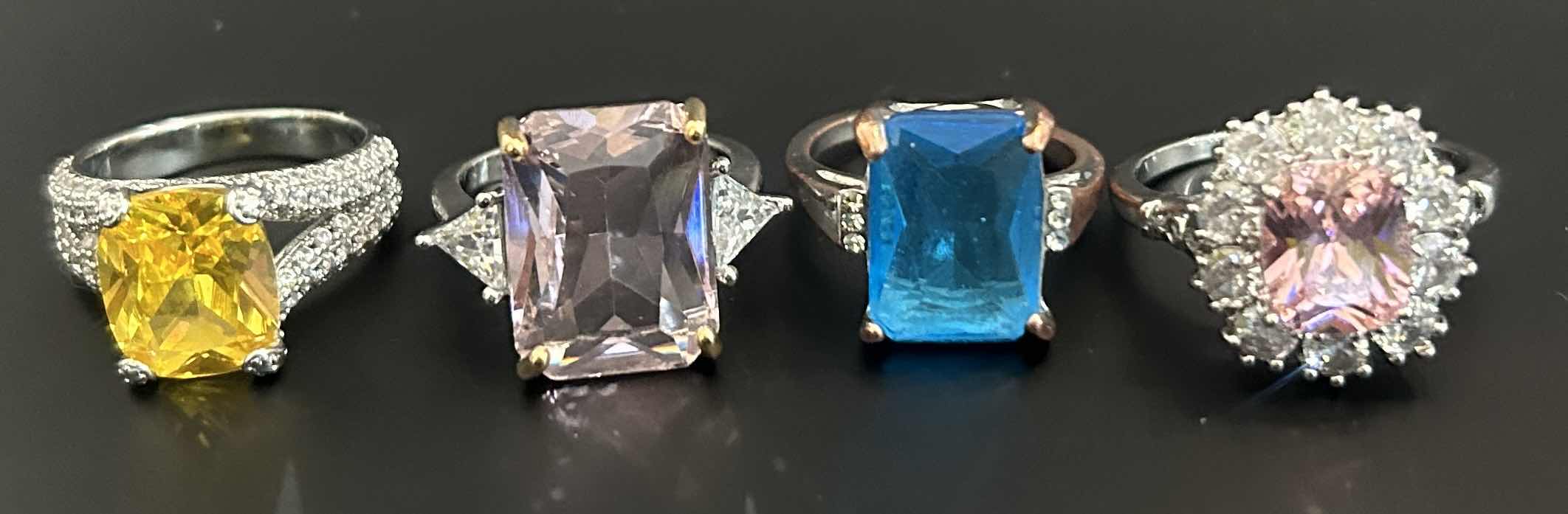 Photo 1 of 4-SILVER TONE W FAUX GEMSTONE RINGS (APPROX SIZE 7-8)