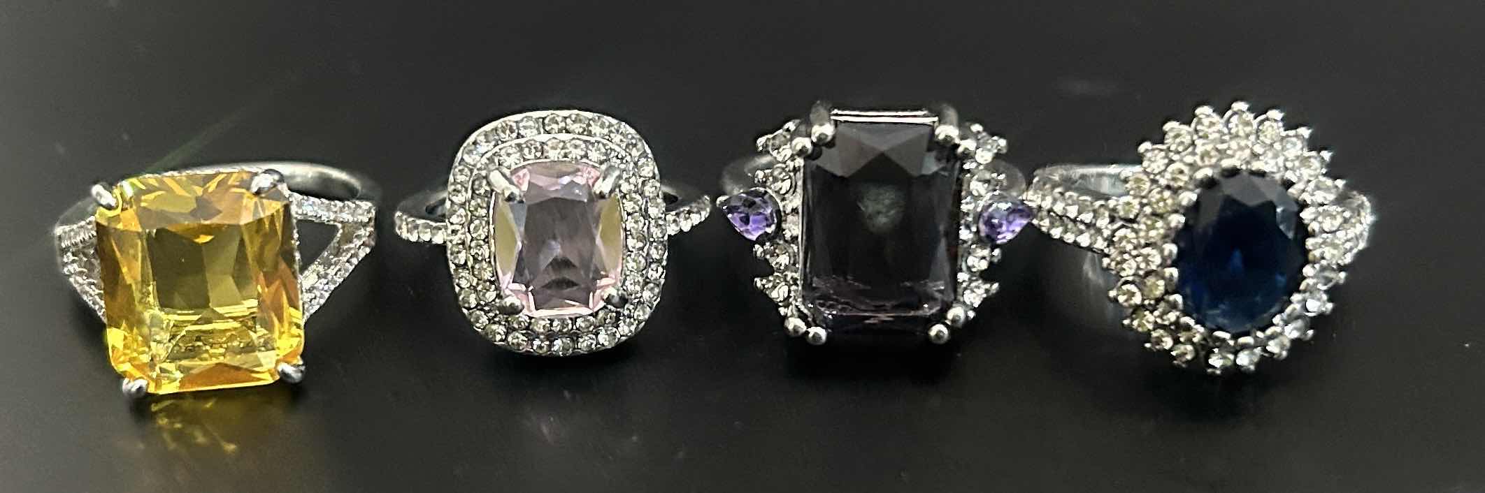 Photo 1 of 4-SILVER-TONE W FAUX GEMSTONE RINGS (APPROX SIZE 7-8) 