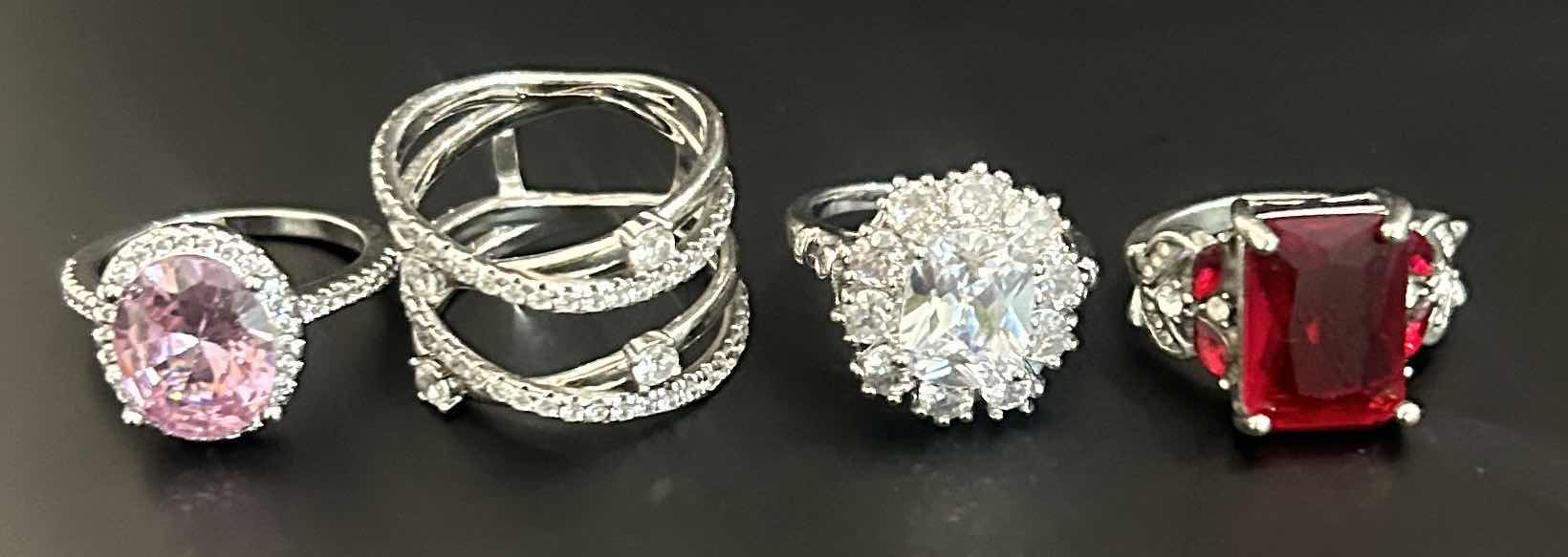 Photo 1 of 4-SILVER-TONE W FAUX GEMSTONE RINGS (APPROX SIZE 7-8)