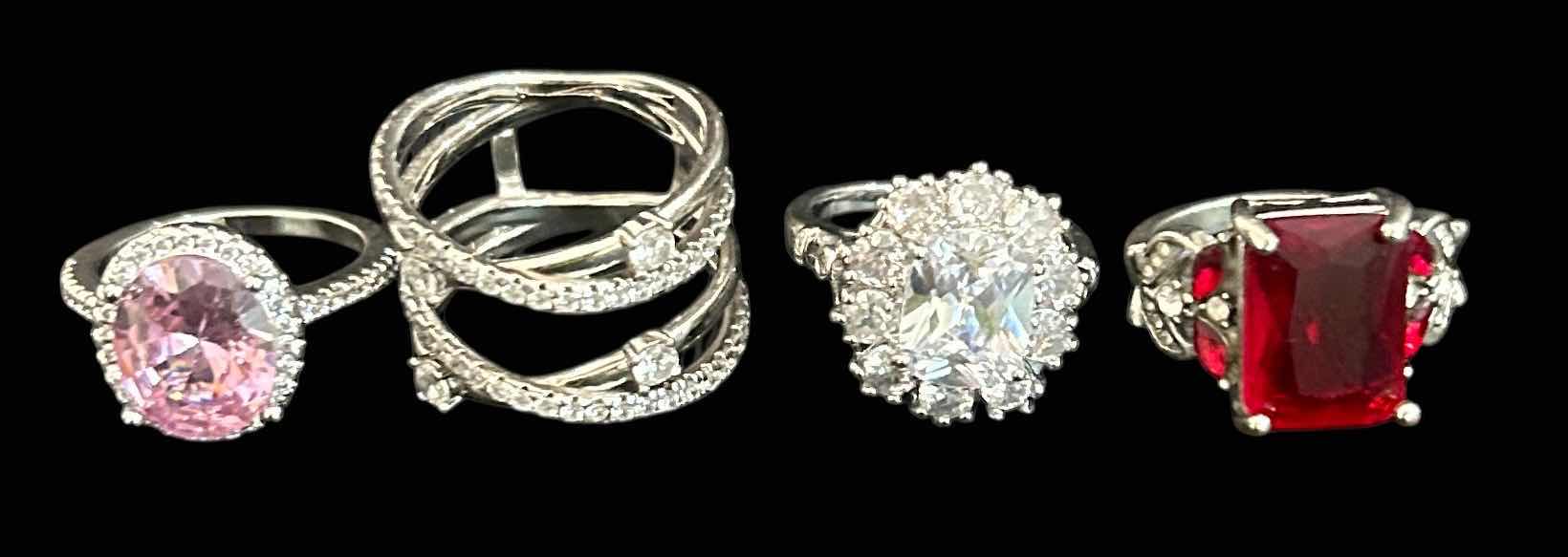 Photo 1 of 4-SILVER-TONE W FAUX GEMSTONE RINGS (APPROX SIZE 7-8)