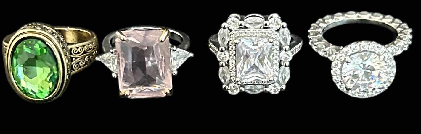 Photo 1 of 4-FAUX GEM & DIAMOND STONE GOLD & SILVER TONE RINGS (EST SIZE 7-8)
