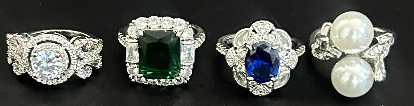 Photo 1 of 4-SILVER-TONE W FAUX GEMSTONE RINGS (APPROX SIZE 7-8) 
