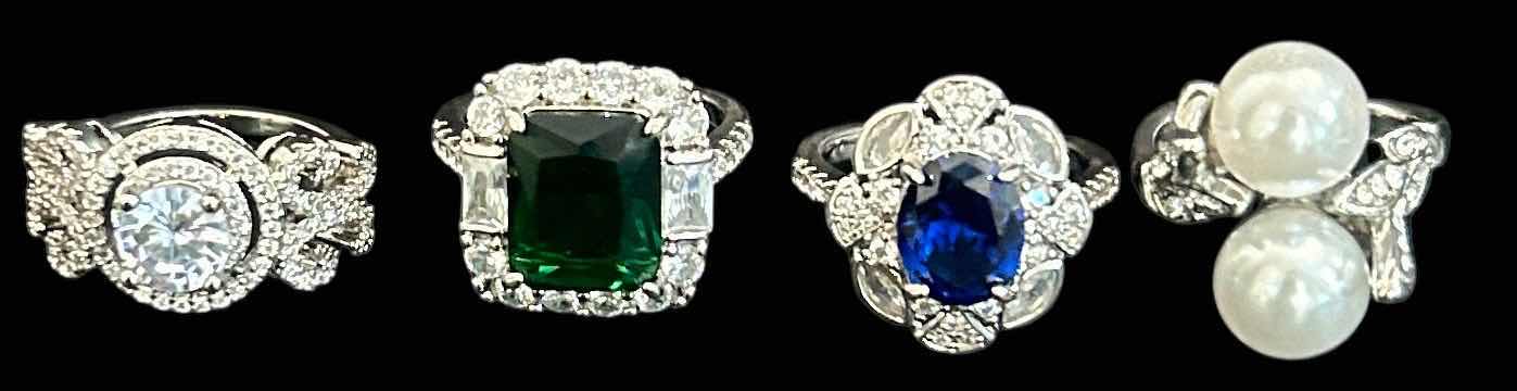 Photo 1 of 4-SILVER-TONE W FAUX GEMSTONE RINGS (APPROX SIZE 7-8) 