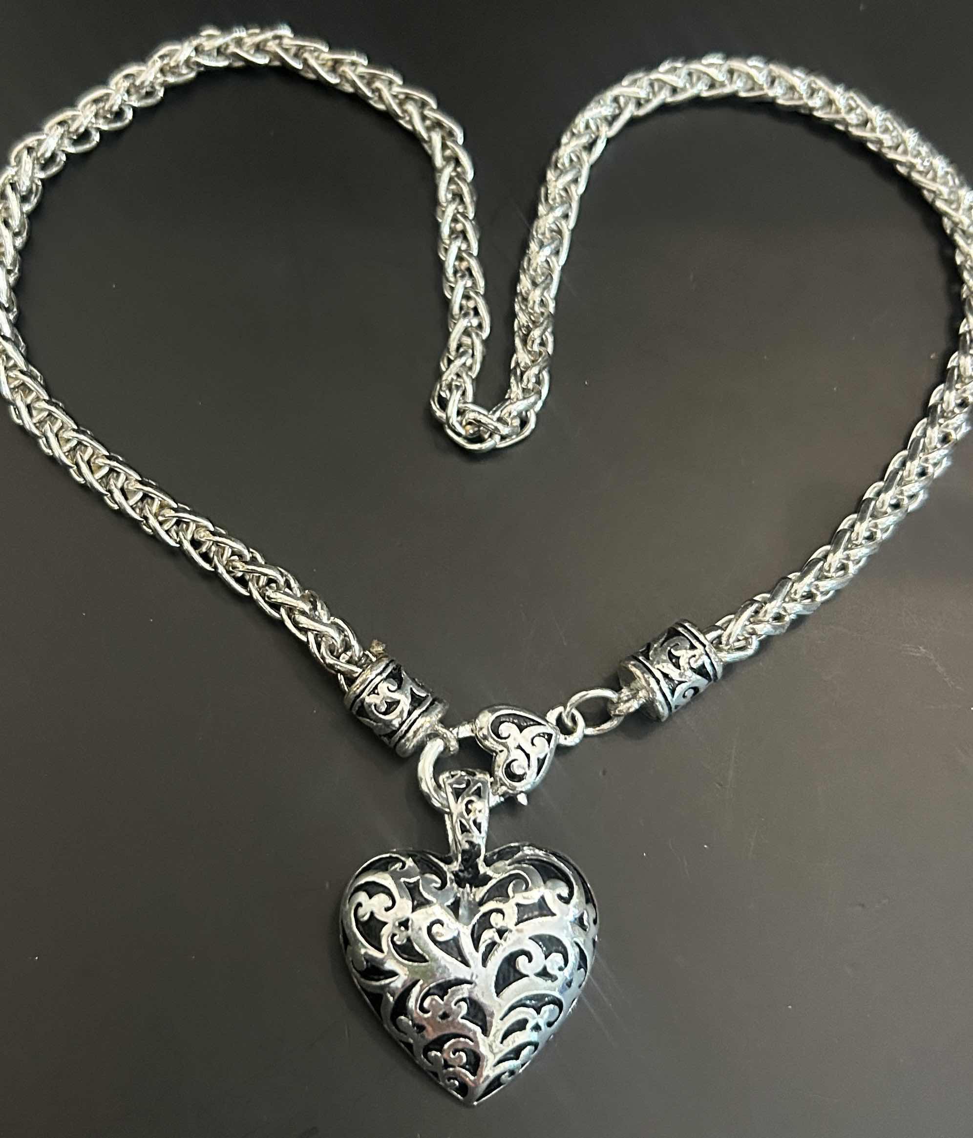 Photo 1 of BRIGHTON 18" ANTIQUE SILVER-TONE PUFF HEART PENDANT NECKLACE 