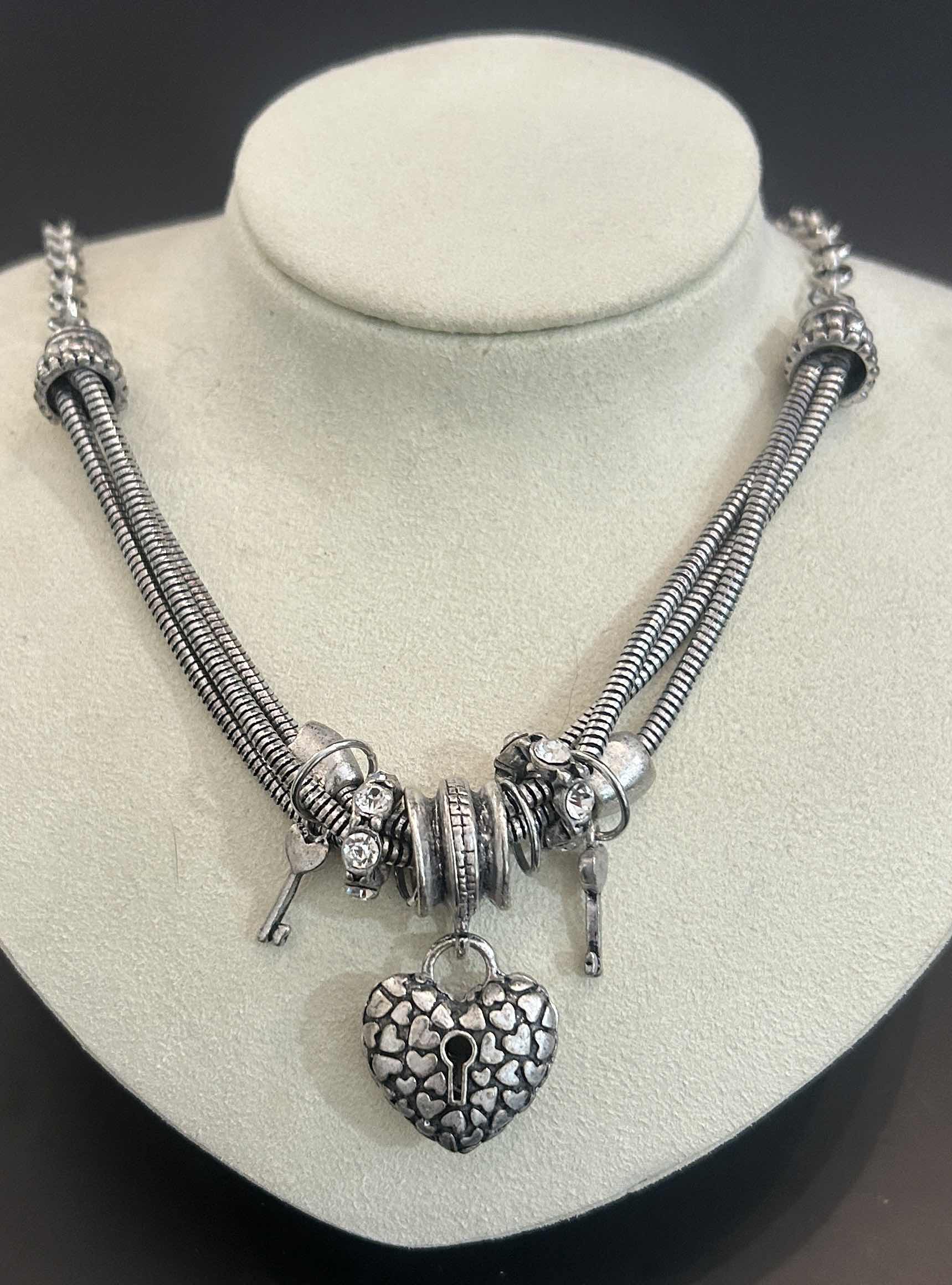 View 2 of BRIGHTON CHOKER ANTIQUE SILVER-TONE NECKLACE W PUFF HEART PENDANT W CHARMS 20”