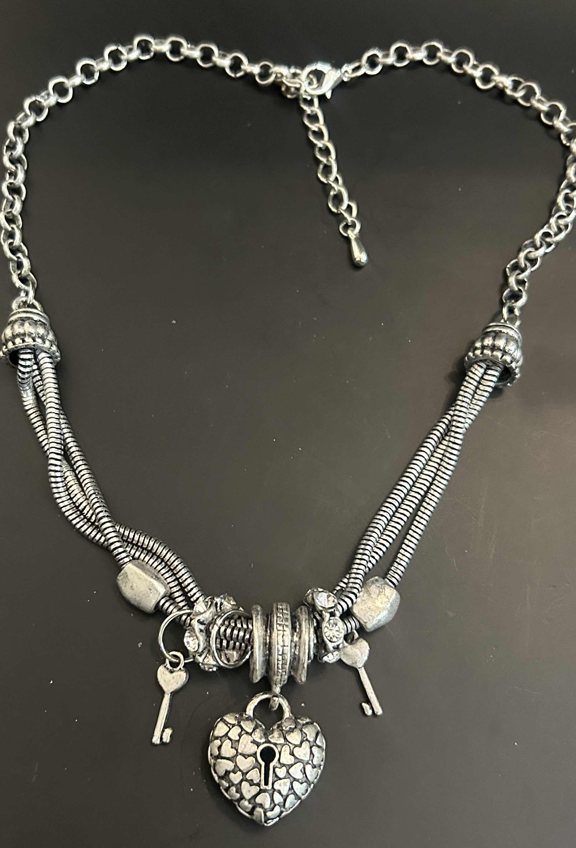 View 3 of BRIGHTON CHOKER ANTIQUE SILVER-TONE NECKLACE W PUFF HEART PENDANT W CHARMS 20”