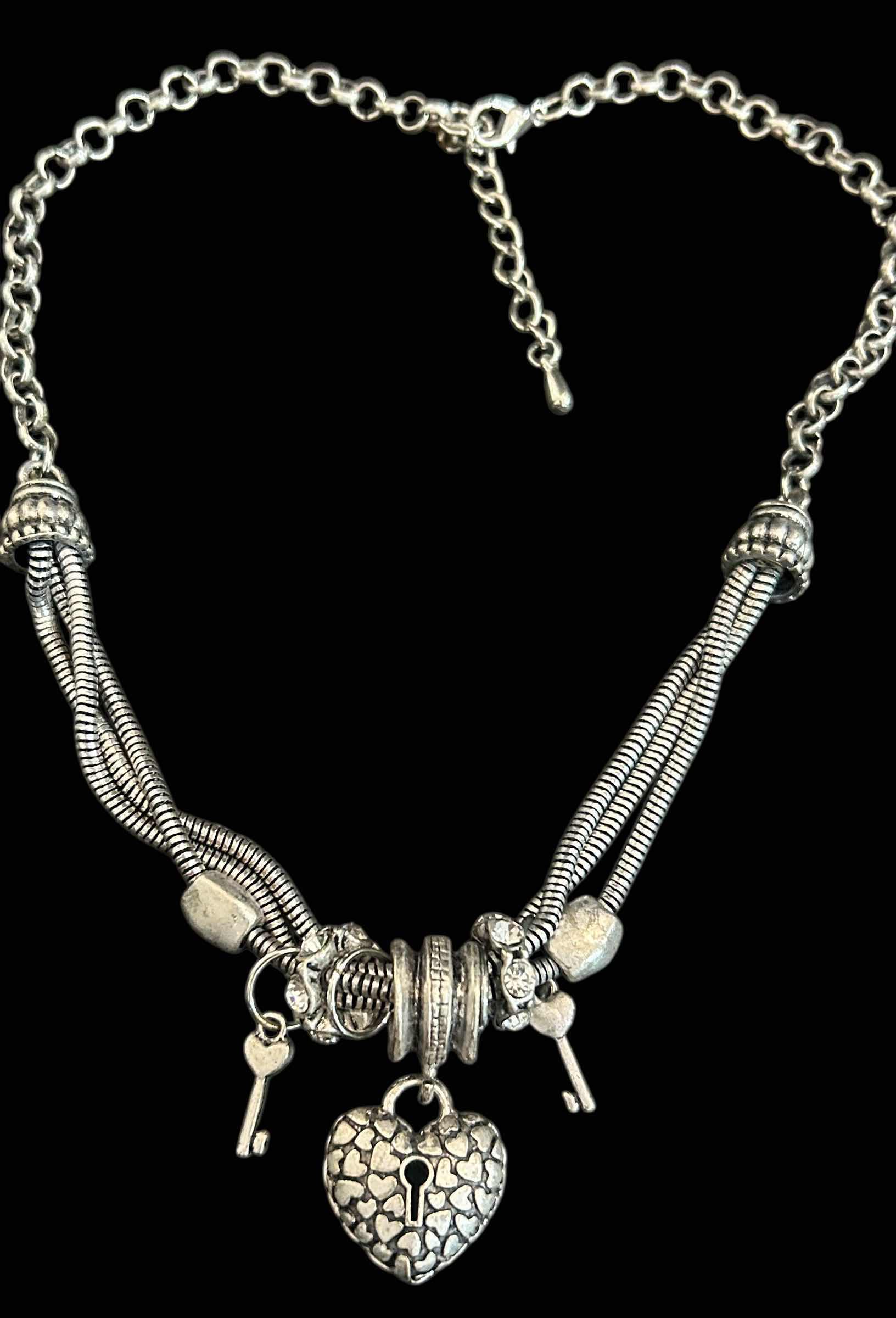 View 1 of BRIGHTON CHOKER ANTIQUE SILVER-TONE NECKLACE W PUFF HEART PENDANT W CHARMS 20”