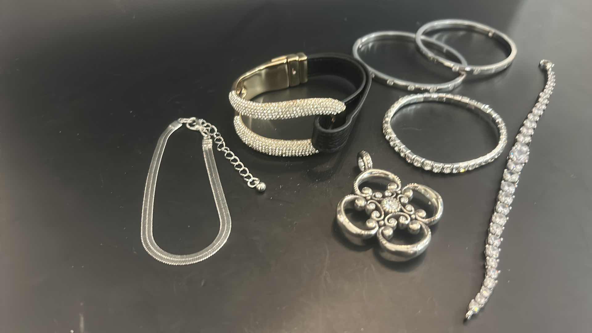 Photo 1 of 6-SILVER-TONE & FAUX DIAMOND BRACELETS, ANTIQUE SILVER-TONE PENDANT