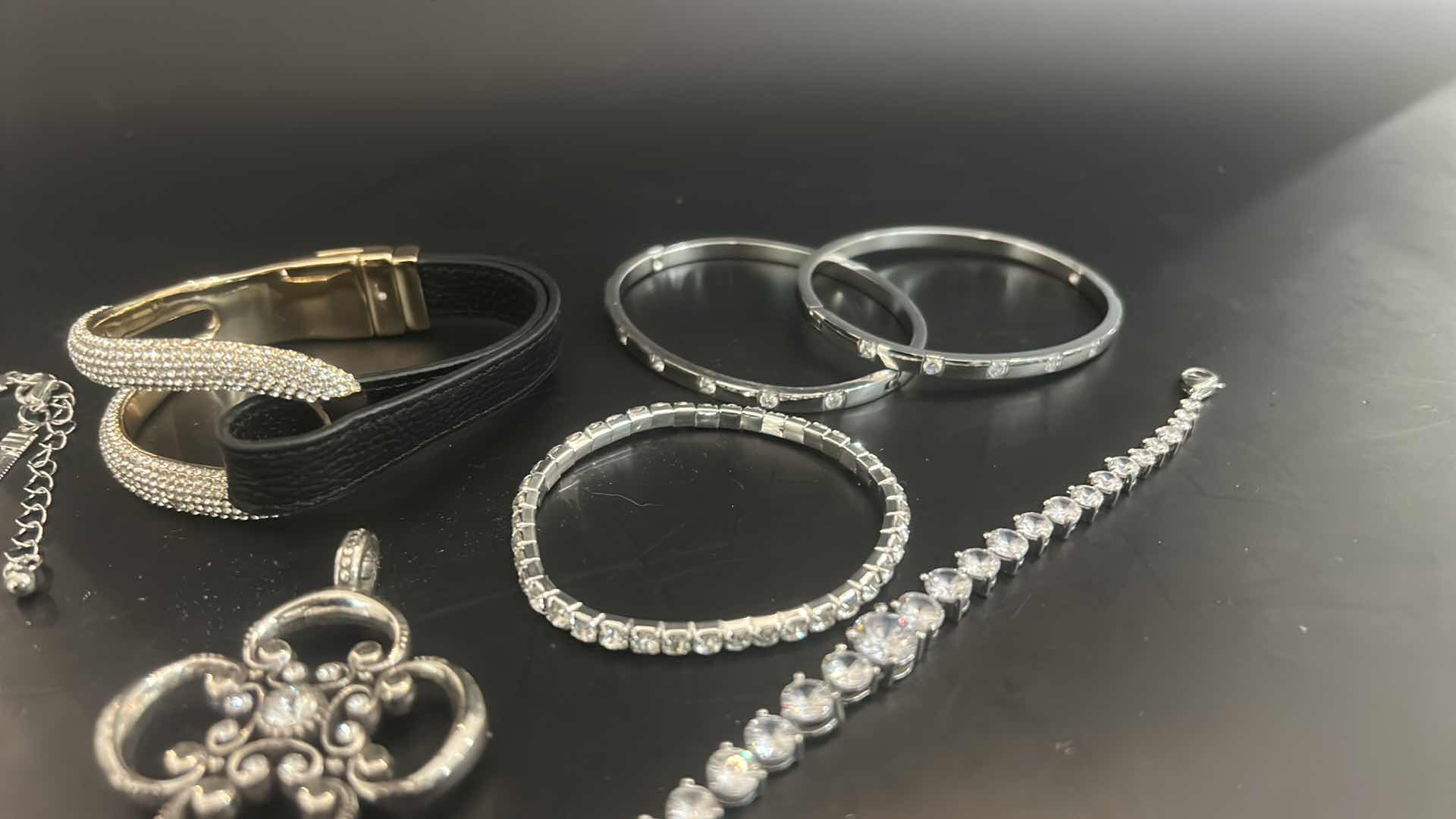 Photo 1 of 6-SILVER-TONE & FAUX DIAMOND BRACELETS, ANTIQUE SILVER-TONE PENDANT