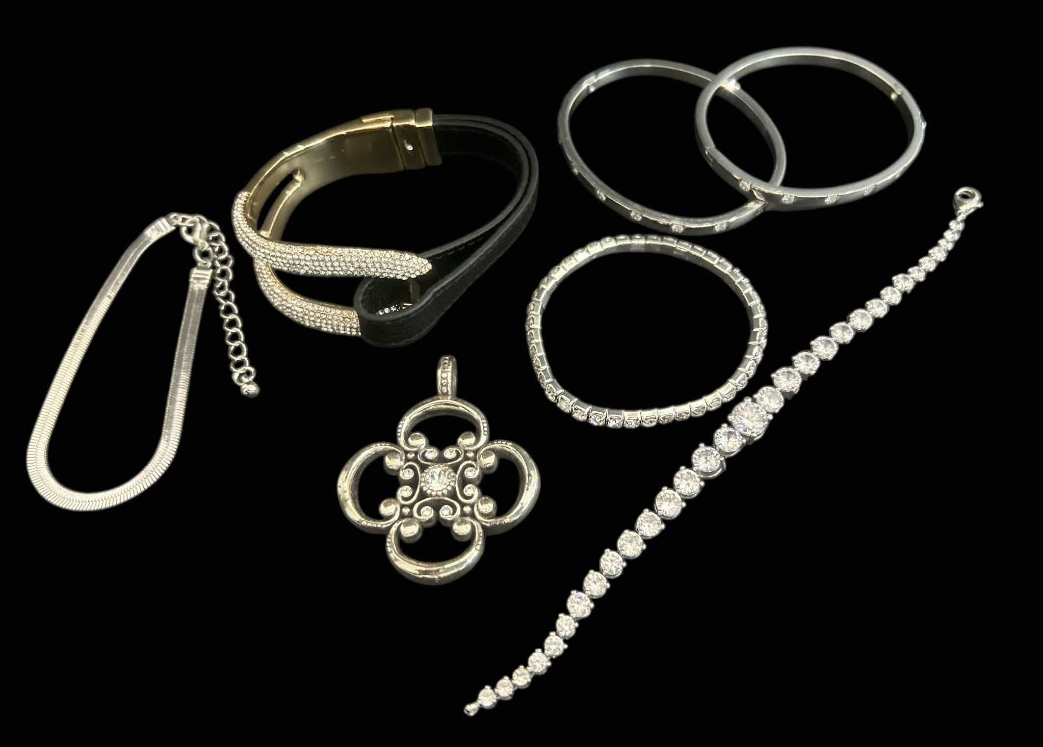 Photo 1 of 6-SILVER-TONE & FAUX DIAMOND BRACELETS, ANTIQUE SILVER-TONE PENDANT