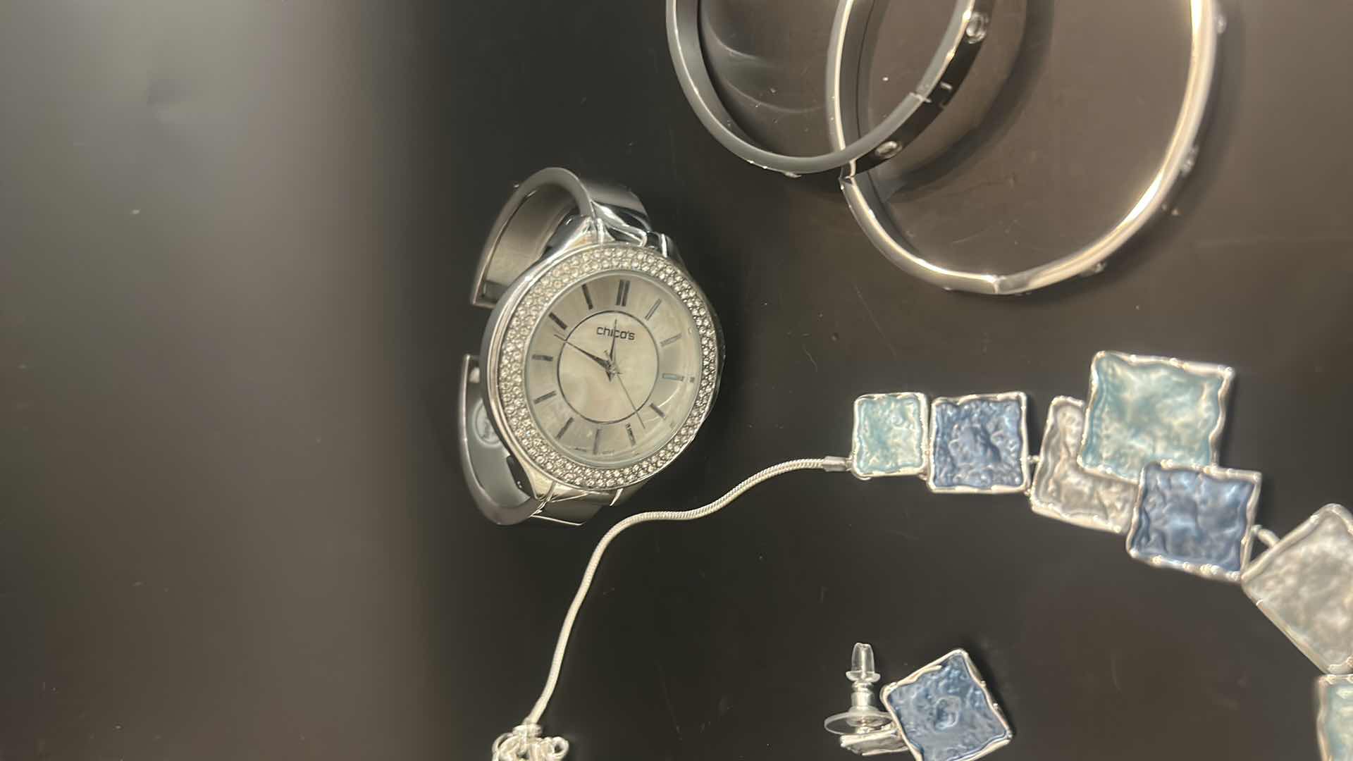 Photo 1 of CHICO’S WATCH, ENAMEL SILVER W GEMSTONE NECKLACE & EARRINGS, 2 SILVER-TONE BRACELETS
