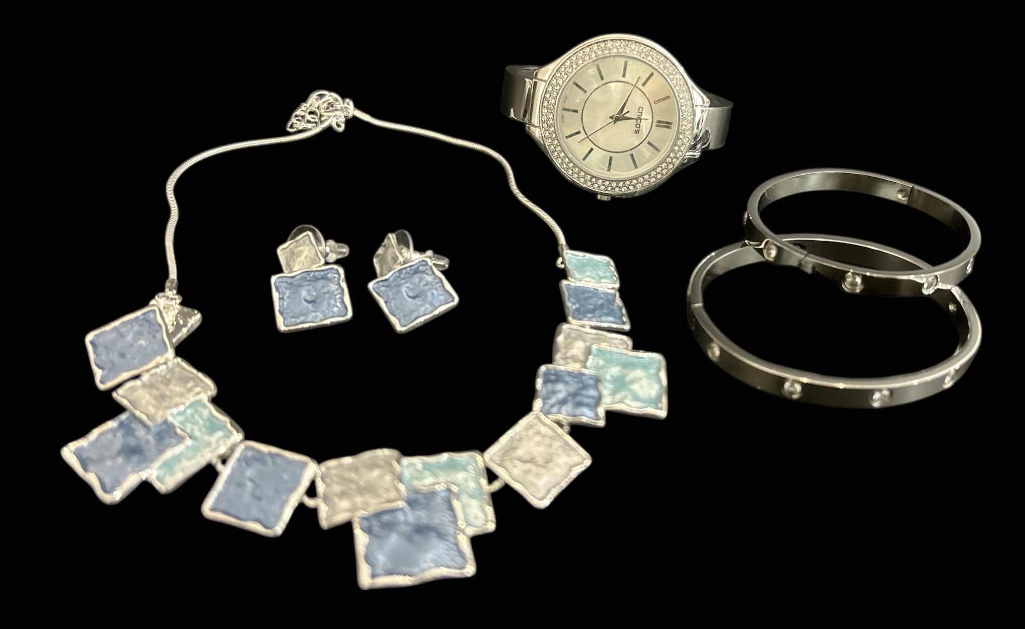Photo 1 of CHICO’S WATCH, ENAMEL SILVER W GEMSTONE NECKLACE & EARRINGS, 2 SILVER-TONE BRACELETS