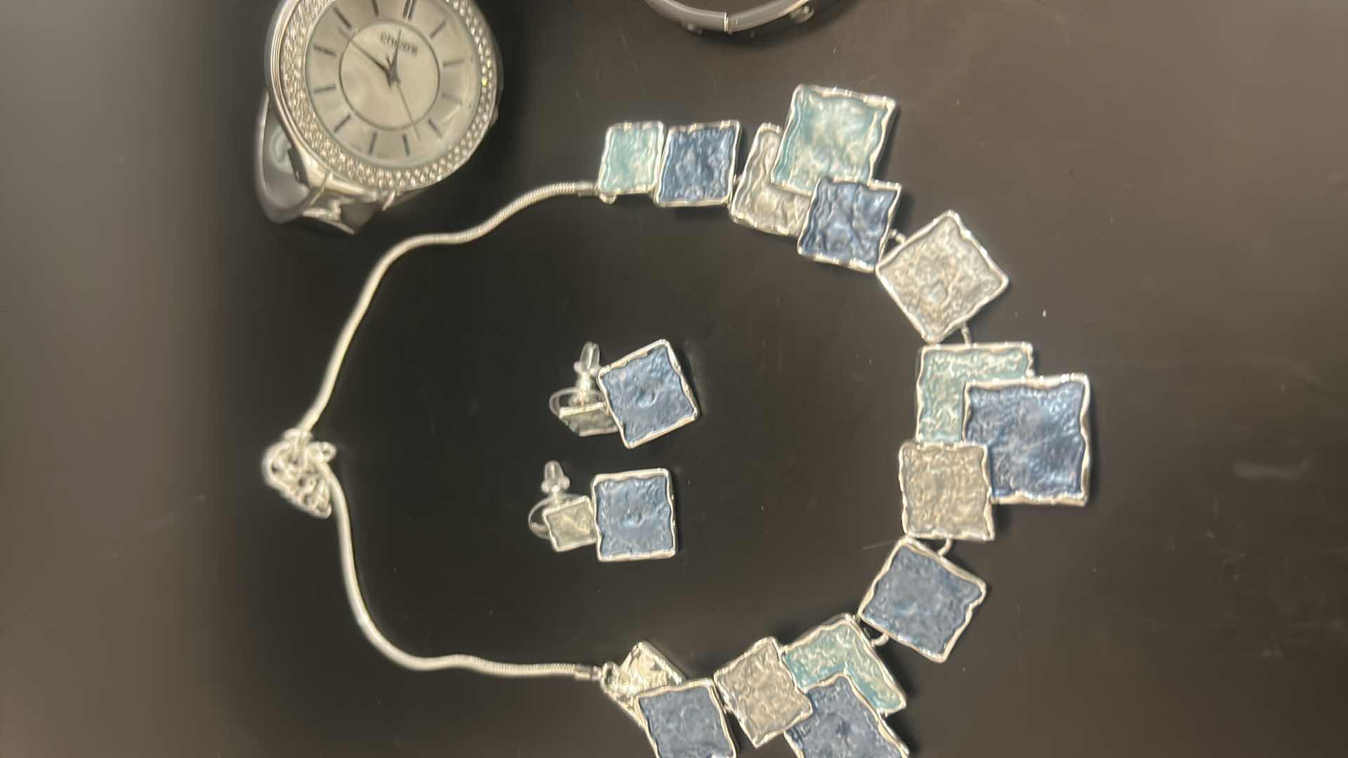 Photo 1 of CHICO’S WATCH, ENAMEL SILVER W GEMSTONE NECKLACE & EARRINGS, 2 SILVER-TONE BRACELETS