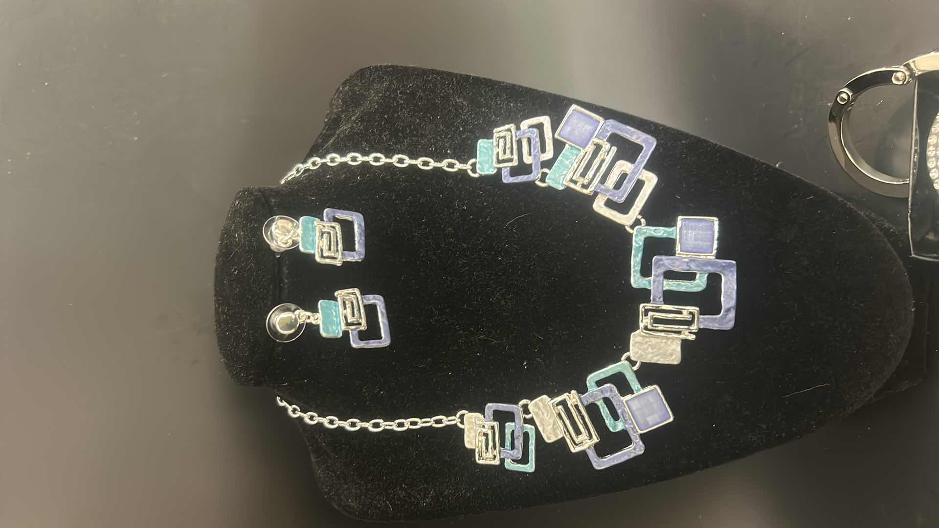 Photo 1 of GEOMETIC W MULTICOLORED ENAMEL SILVER-TONE NECKLACES & MATCHING EARRINGS, JEWELED EARRINGS, FAUX DIAMOND W JEWELS PURSE HOLDER