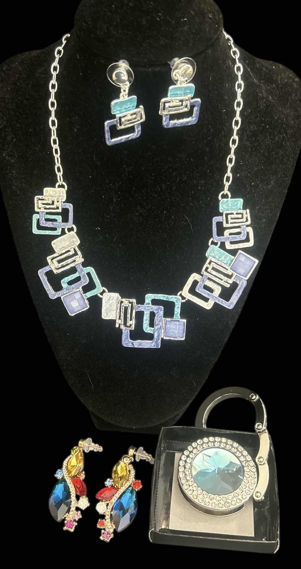 Photo 1 of GEOMETIC W MULTICOLORED ENAMEL SILVER-TONE NECKLACES & MATCHING EARRINGS, JEWELED EARRINGS, FAUX DIAMOND W JEWELS PURSE HOLDER