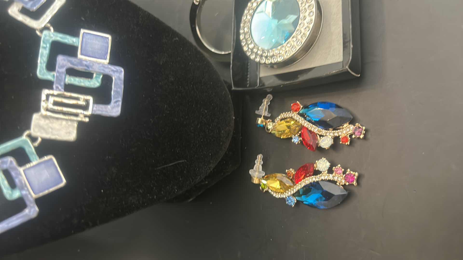 Photo 1 of GEOMETIC W MULTICOLORED ENAMEL SILVER-TONE NECKLACES & MATCHING EARRINGS, JEWELED EARRINGS, FAUX DIAMOND W JEWELS PURSE HOLDER