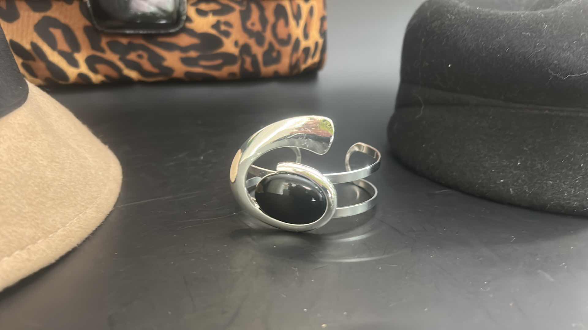 Photo 1 of CHICO'S LEOPARD CLUTCH PURSE, 2 FABRIC HATS, SILVER-TONE W BLACK STONE BRACELET