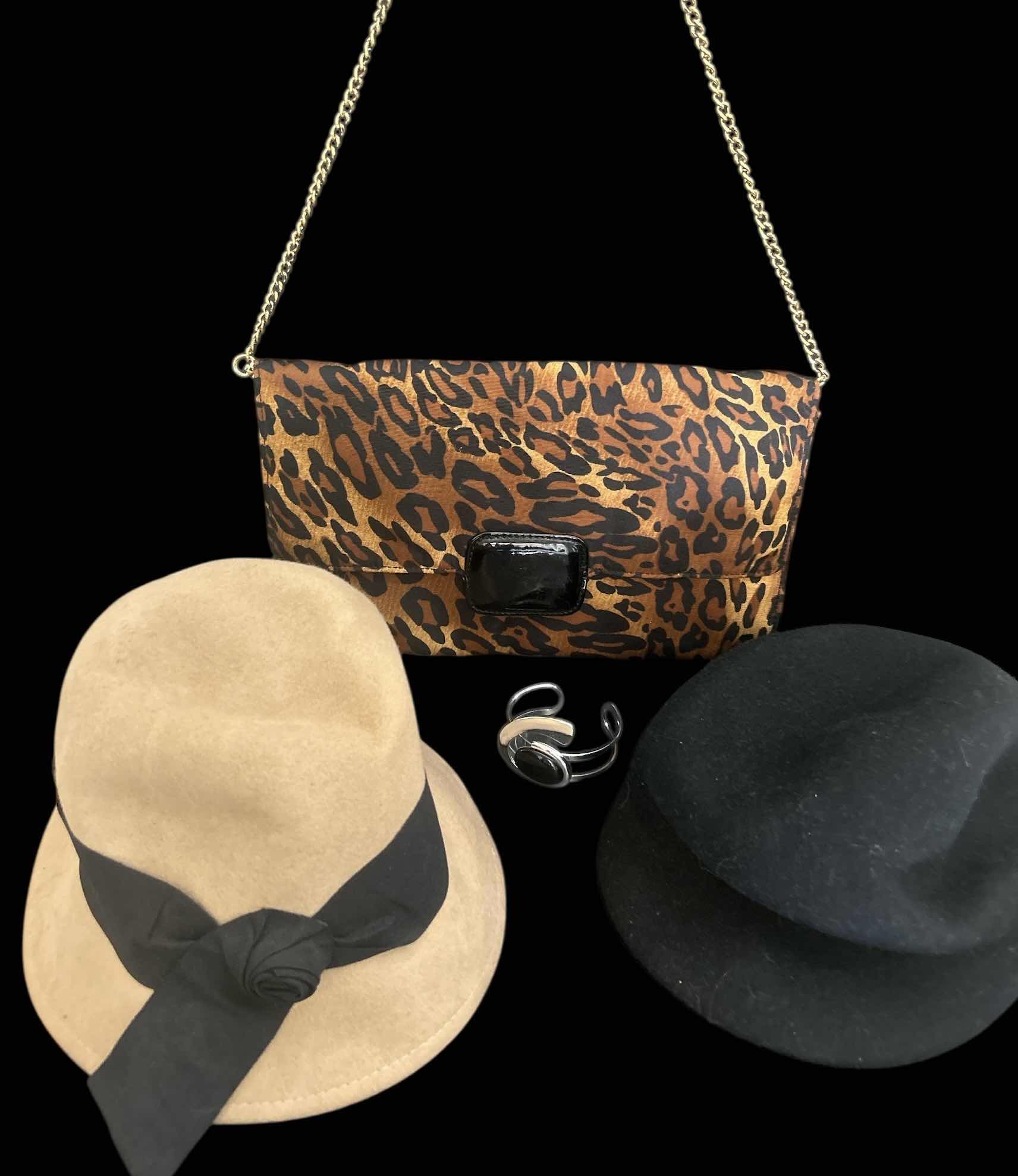 Photo 1 of CHICO'S LEOPARD CLUTCH PURSE, 2 FABRIC HATS, SILVER-TONE W BLACK STONE BRACELET