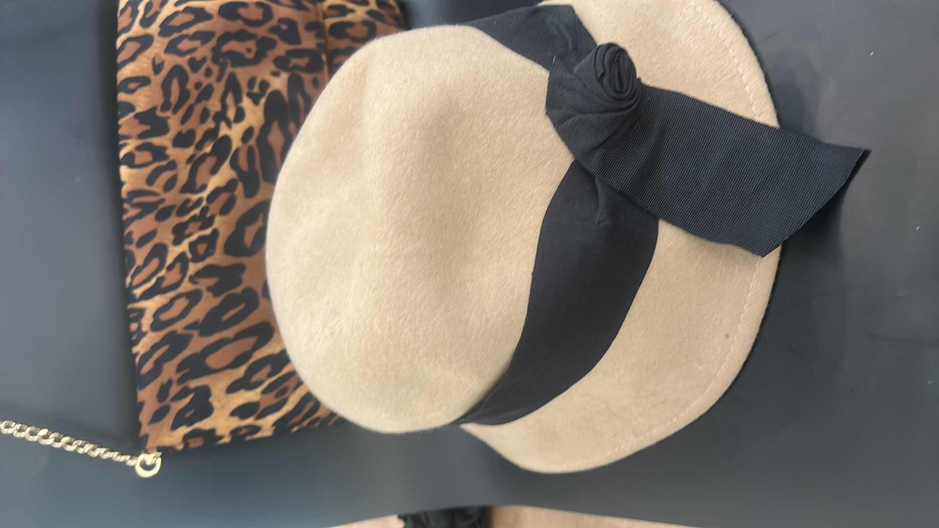 Photo 1 of CHICO'S LEOPARD CLUTCH PURSE, 2 FABRIC HATS, SILVER-TONE W BLACK STONE BRACELET