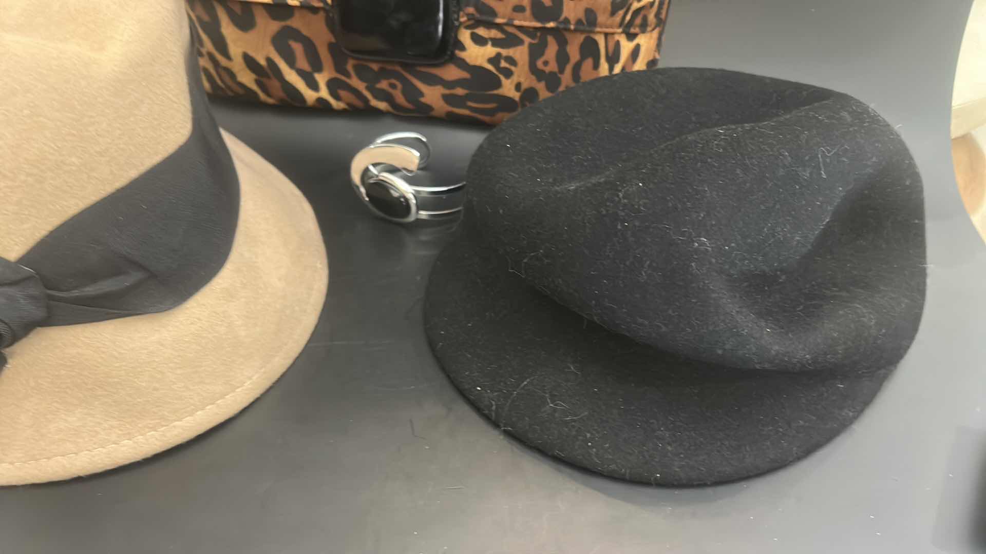 Photo 1 of CHICO'S LEOPARD CLUTCH PURSE, 2 FABRIC HATS, SILVER-TONE W BLACK STONE BRACELET