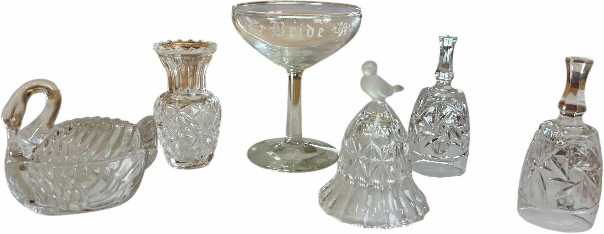 Photo 1 of 6 PC VINTAGE CRYSTAL PCS- 3 BELLS, BRIDE STEMWARE, VASE, SWAN TRINKET DISH (TALLEST H 4.5”)