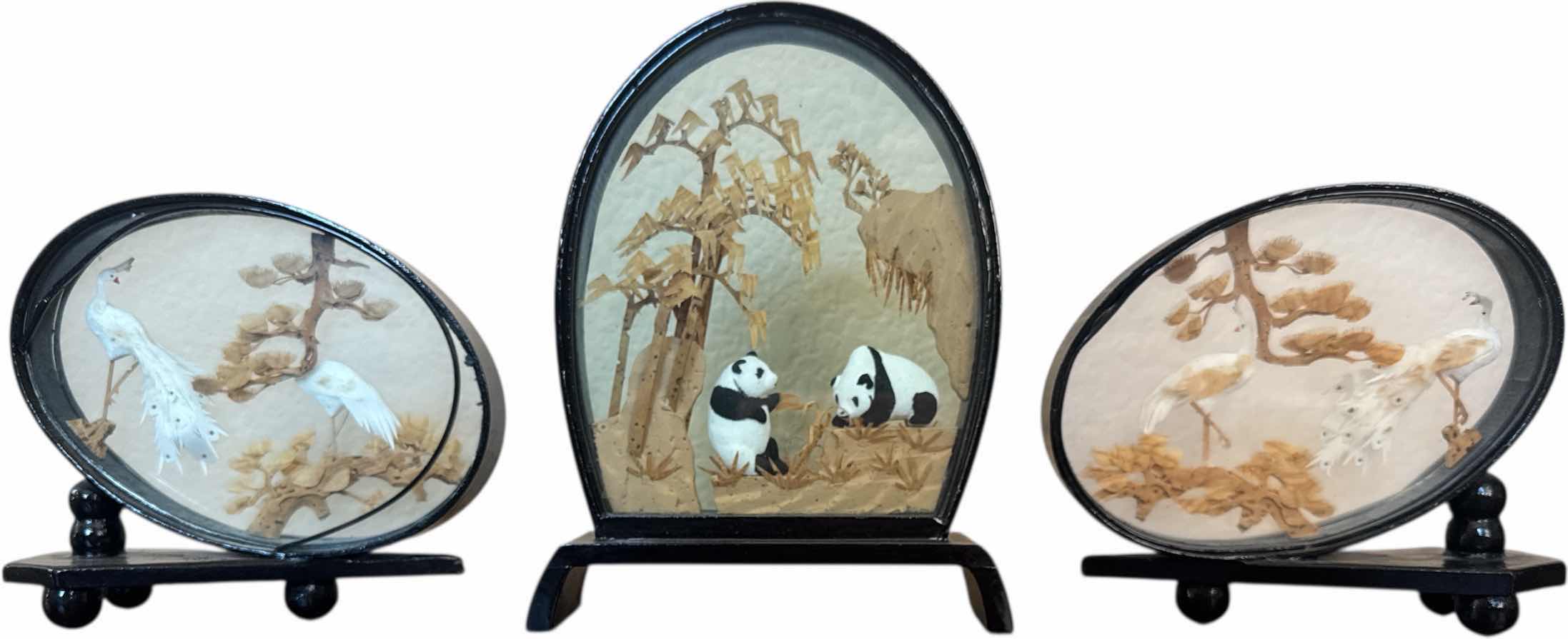 Photo 1 of 
3- VINTAGE HAND CARVED CORK WOOD DIORAMA, PANDAS AND CRANES, BLACK

H7.25” AND SMALLER