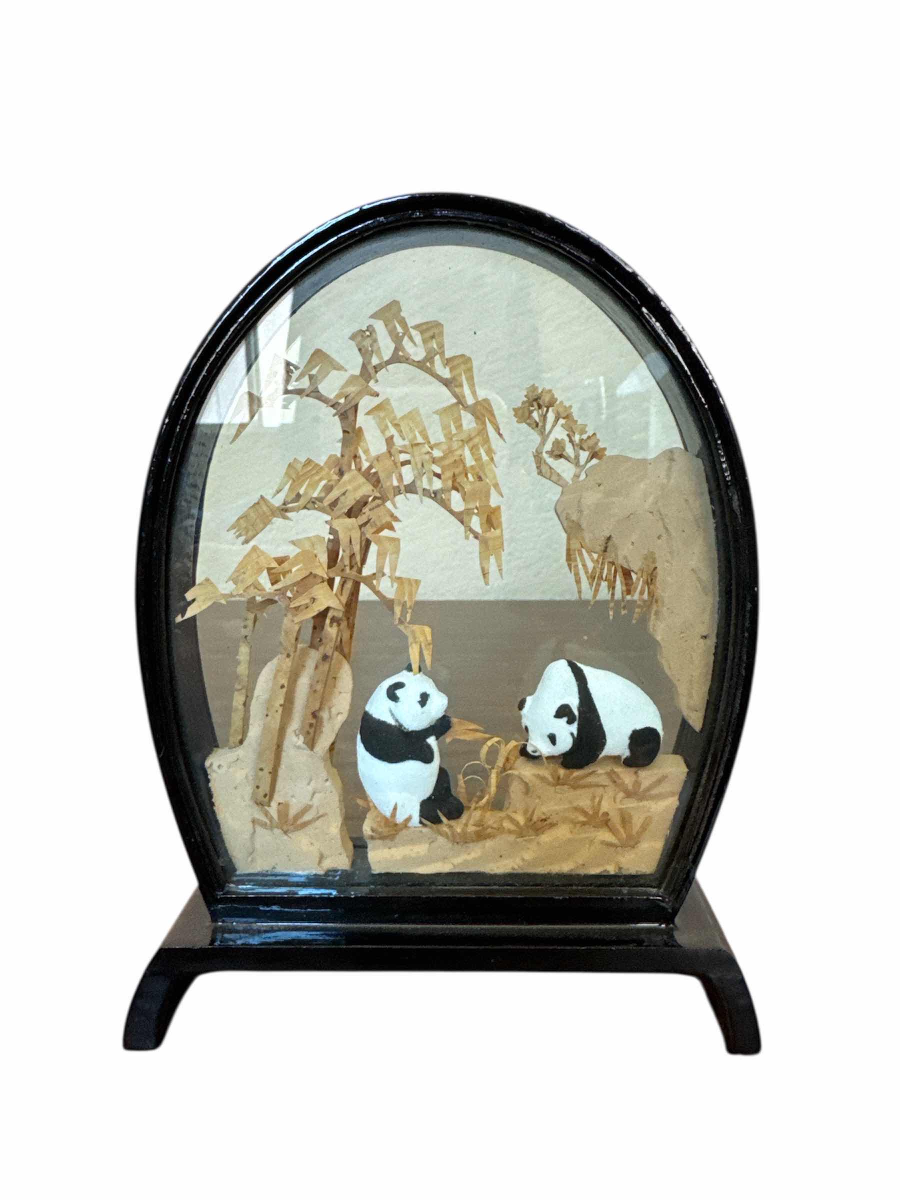Photo 1 of 
3- VINTAGE HAND CARVED CORK WOOD DIORAMA, PANDAS AND CRANES, BLACK

H7.25” AND SMALLER