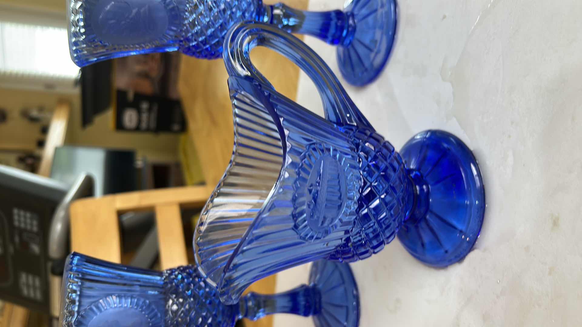 Photo 1 of 3 VINTAGE AVON COBALT BLUE PIECES, 2 CANDLE HOLDERS H 8” & PITCHER