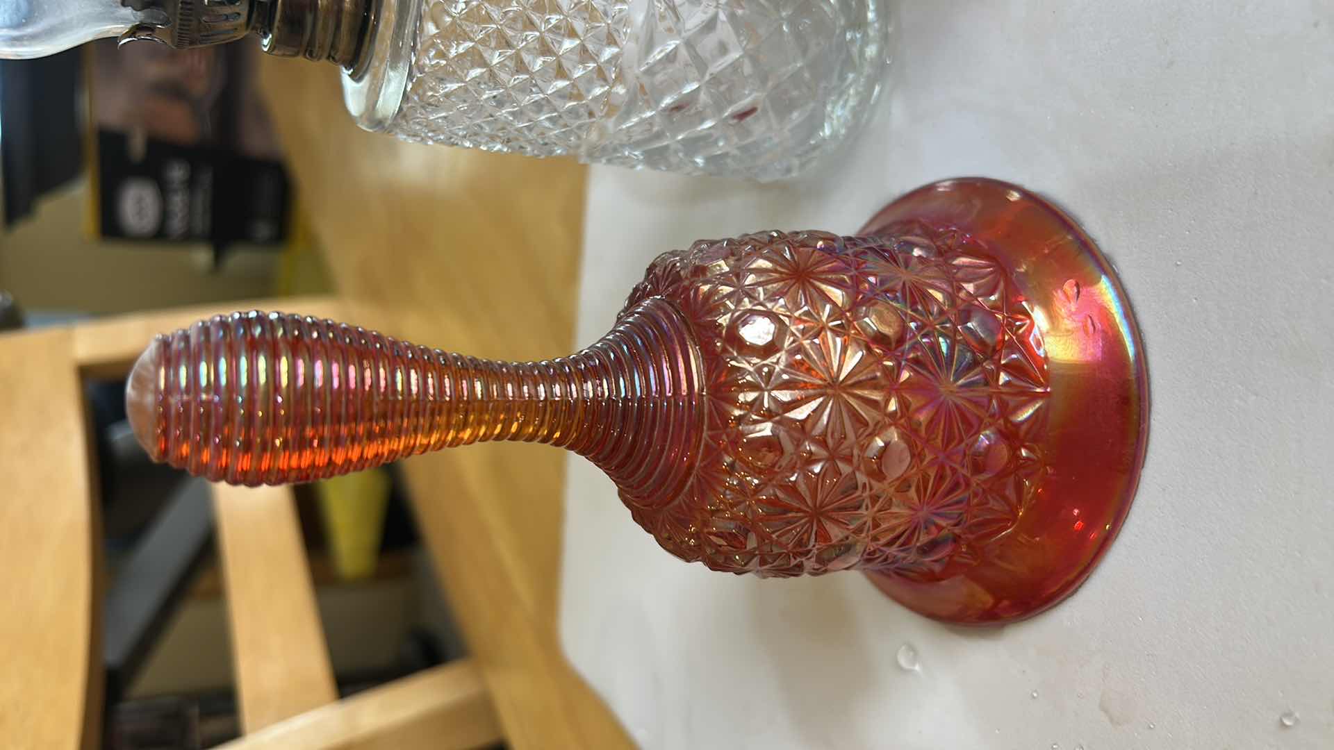 Photo 1 of 2 VINTAGE FENTON CARNIVAL GLASS DAISY BELLS AND LAMPLIGHT FARMS OIL LAMP H10”