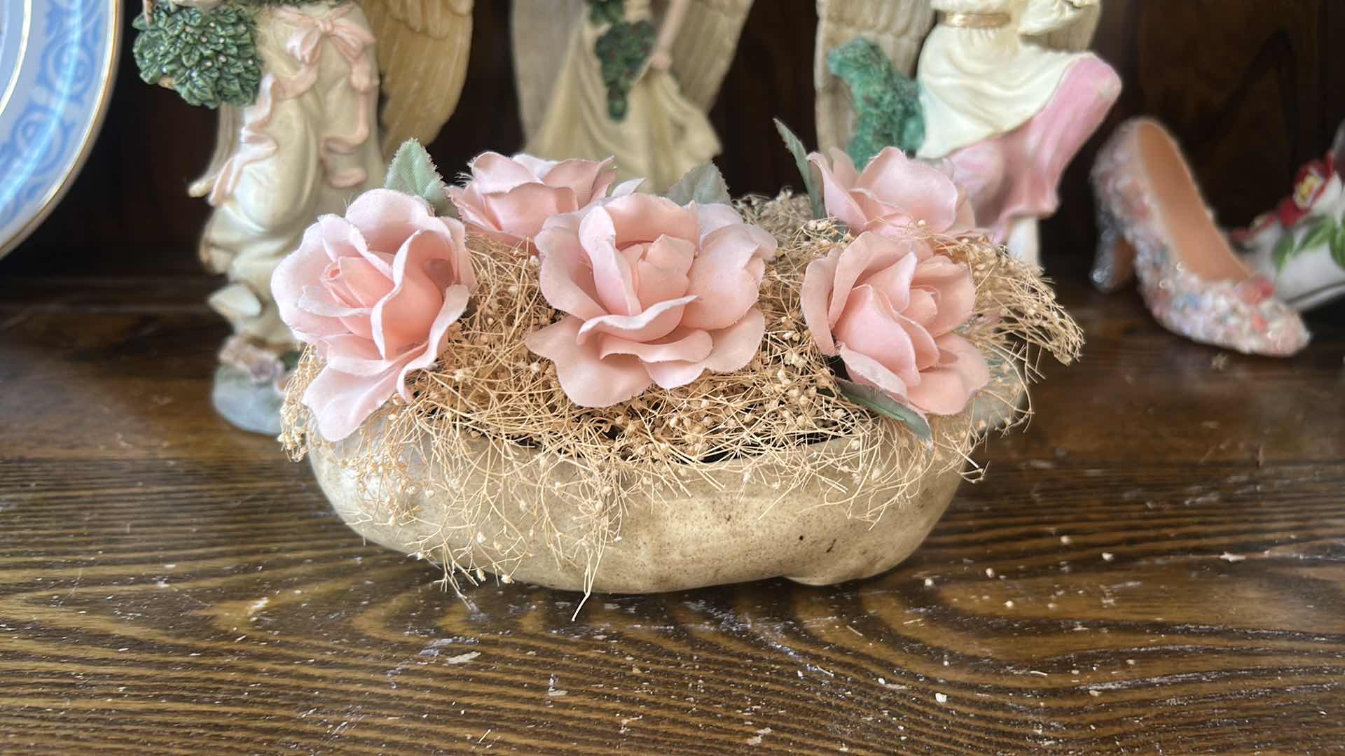 Photo 1 of 3 ANGEL FIGURINES H 6.5” AND BOWL OF FAUX ROSES