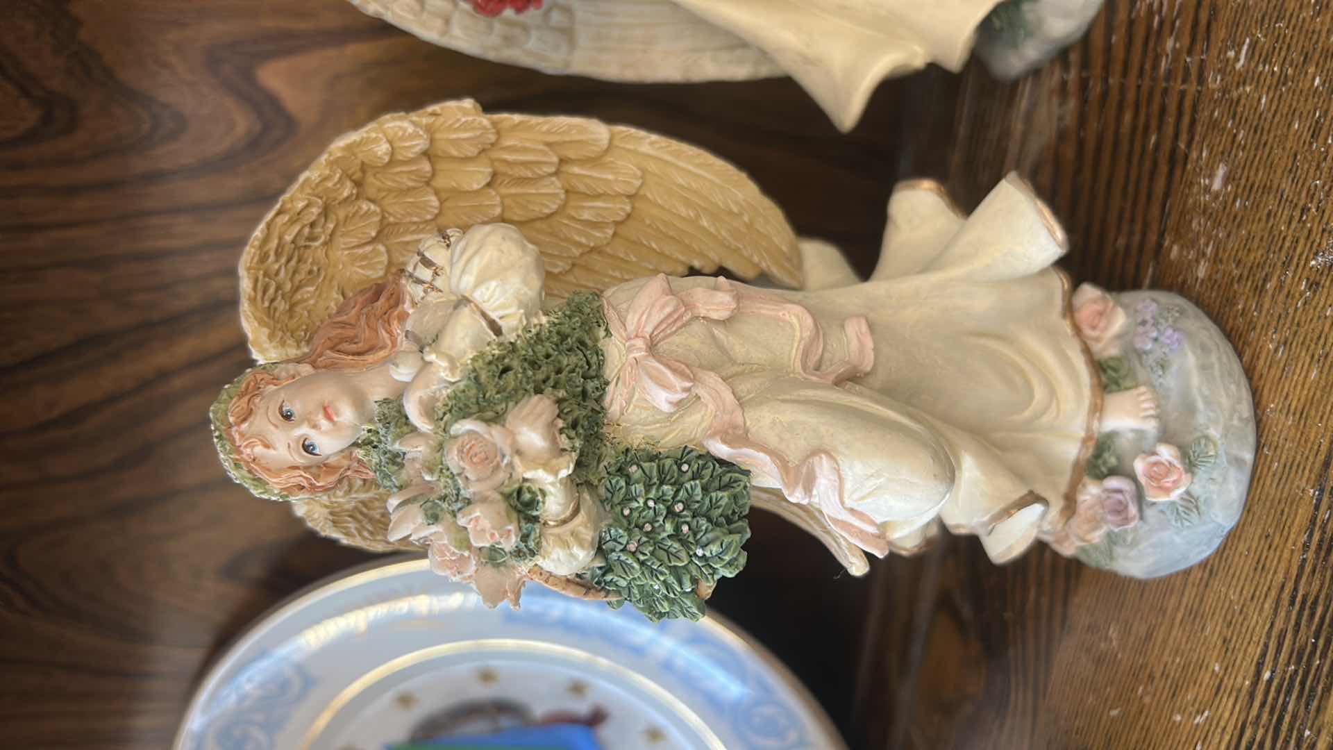 Photo 1 of 3 ANGEL FIGURINES H 6.5” AND BOWL OF FAUX ROSES