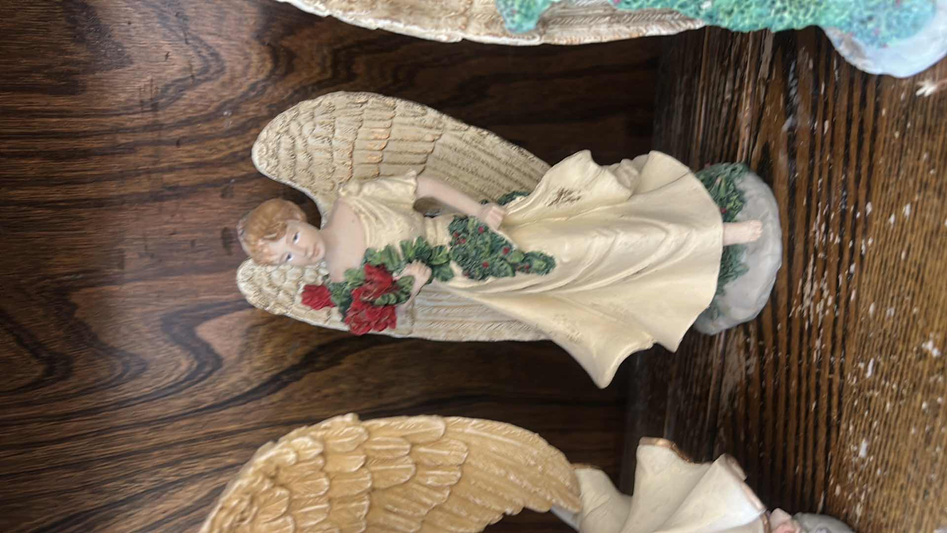 Photo 1 of 3 ANGEL FIGURINES H 6.5” AND BOWL OF FAUX ROSES