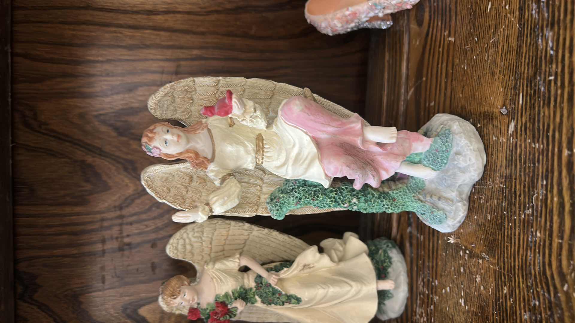 Photo 1 of 3 ANGEL FIGURINES H 6.5” AND BOWL OF FAUX ROSES