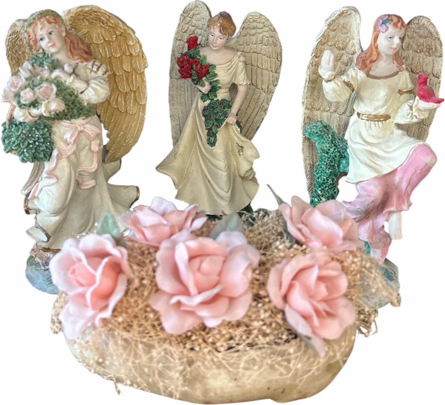 Photo 1 of 3 ANGEL FIGURINES H 6.5” AND BOWL OF FAUX ROSES