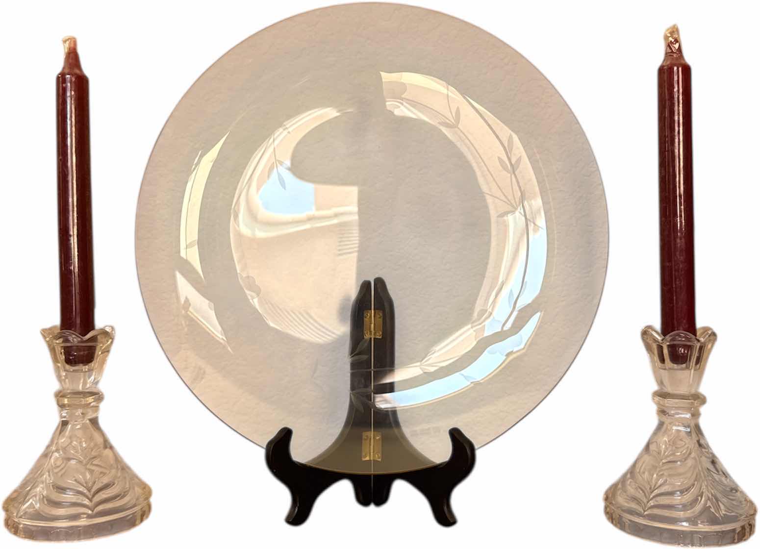 Photo 1 of 3- VINTAGE FROSTED ETCHED GLASS PLATE, AND 2 CRYSTAL HANDLE HOLDERS 

FROSTED ETCHED GLASS PLATE 
D12”