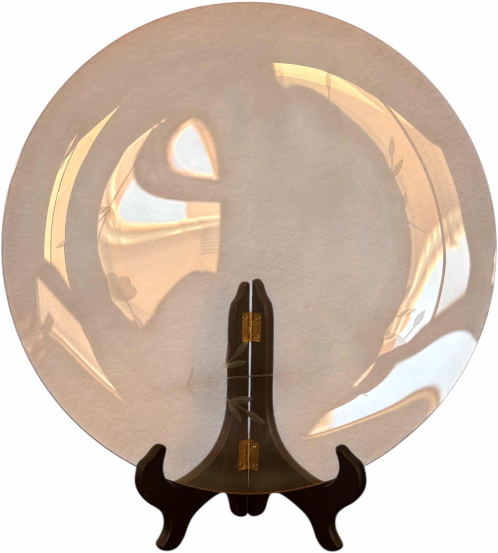 Photo 2 of 3- VINTAGE FROSTED ETCHED GLASS PLATE, AND 2 CRYSTAL HANDLE HOLDERS 

FROSTED ETCHED GLASS PLATE 
D12”