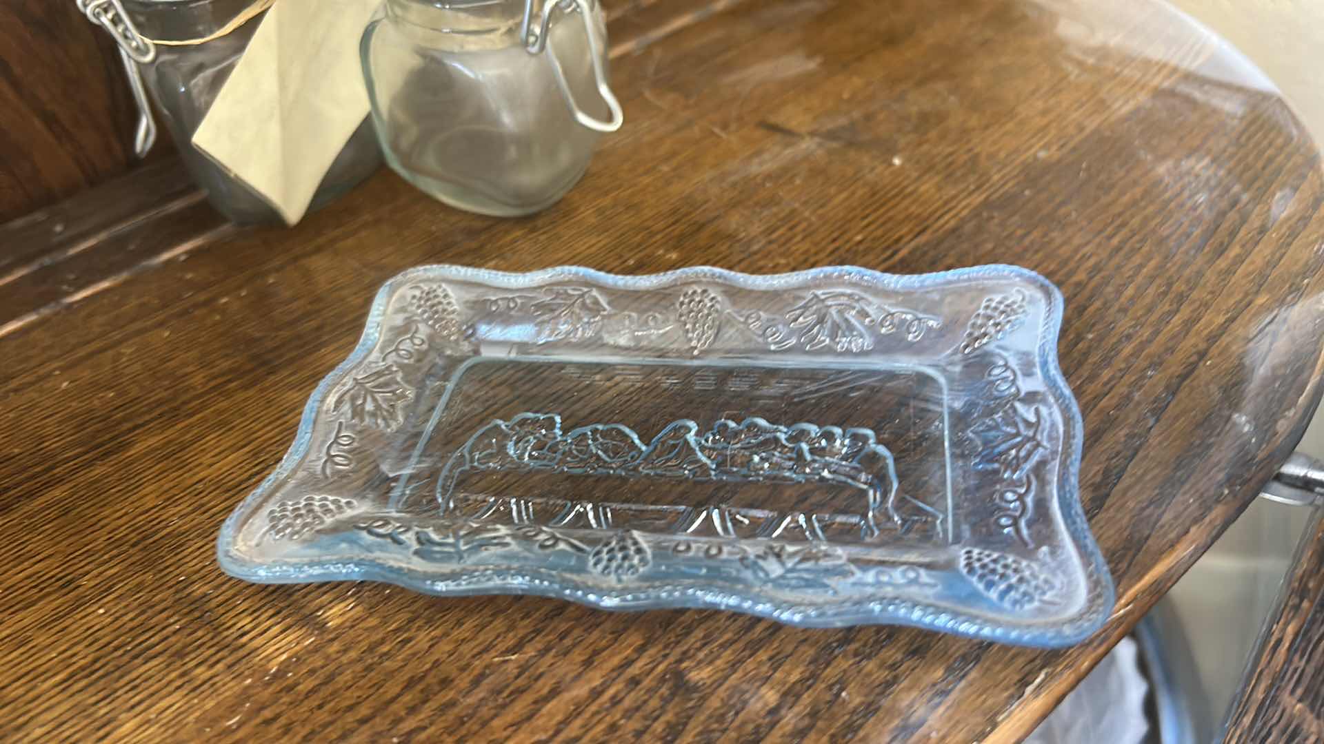 Photo 1 of 2 GLASS ANGELS TALLEST H 9”, VIRGIN MARY HOLY WATER, LAST SUPPER GLASS DISH AND 3 TINY MASON JARS