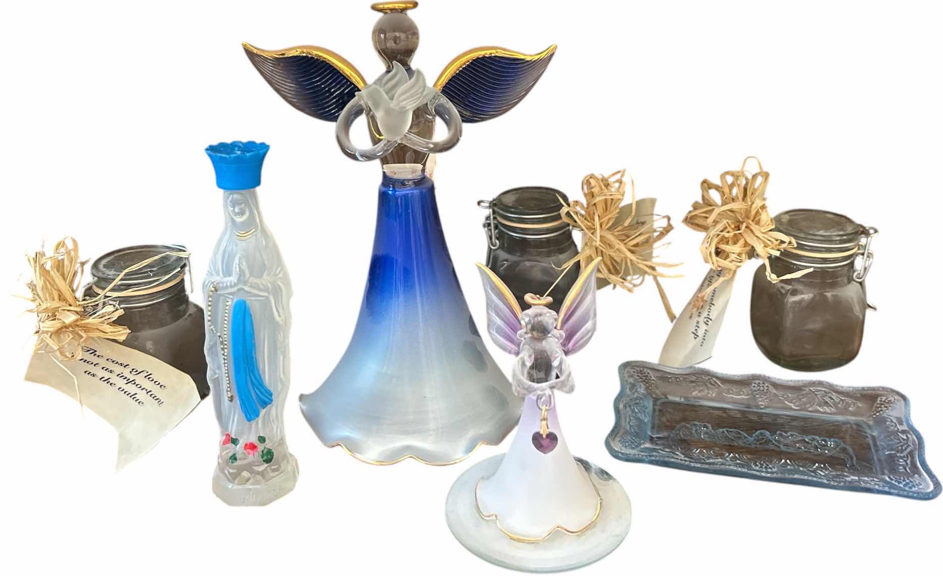 Photo 1 of 2 GLASS ANGELS TALLEST H 9”, VIRGIN MARY HOLY WATER, LAST SUPPER GLASS DISH AND 3 TINY MASON JARS