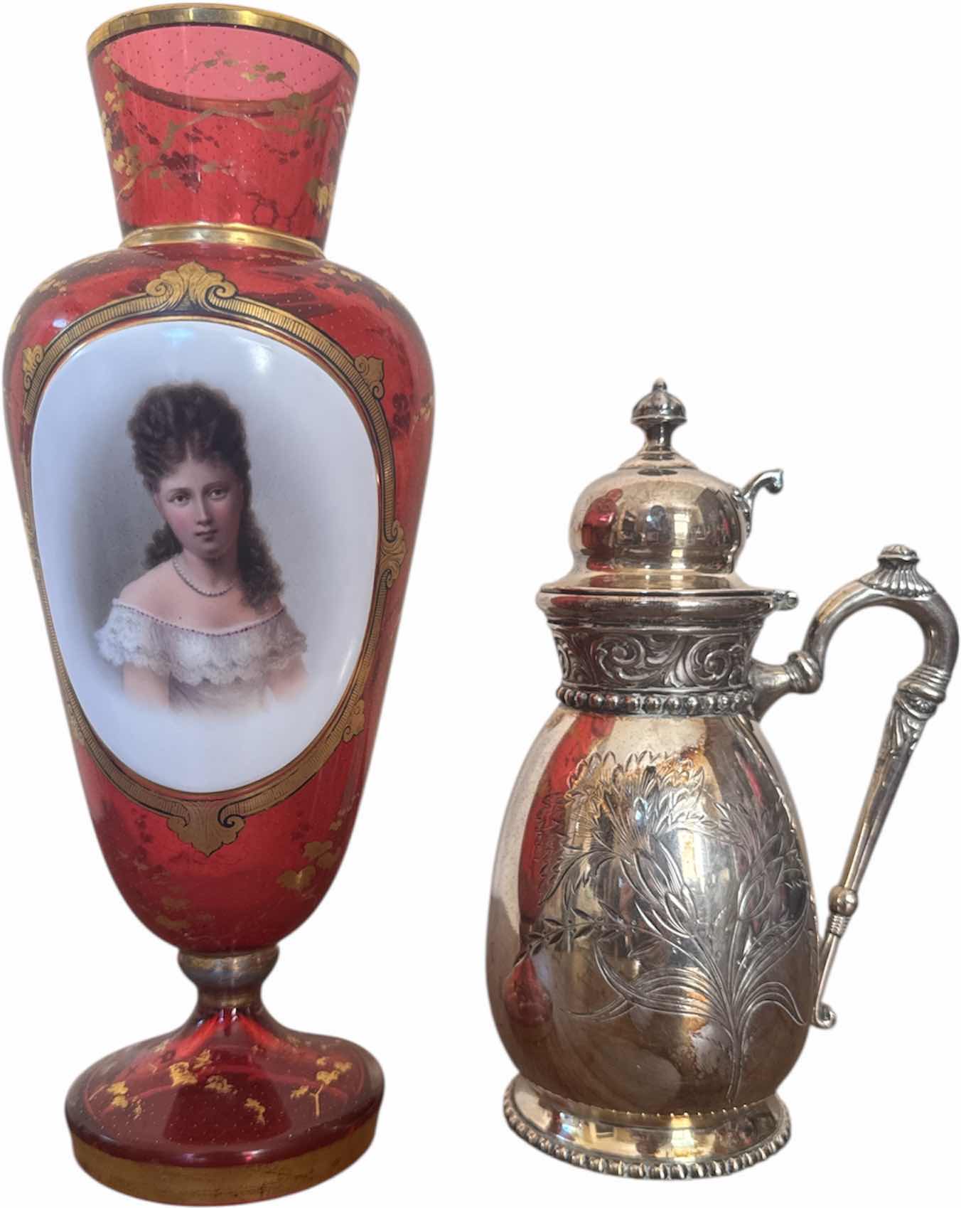 Photo 1 of ANTIQUE BOHEMIAN CRANBERRY GLASS VASE, ATTRIBUTED TO MOSER, HAND PAINTED PORTRAIT AND SILVER ROCKFORD EWER
H11” AND SMALLER