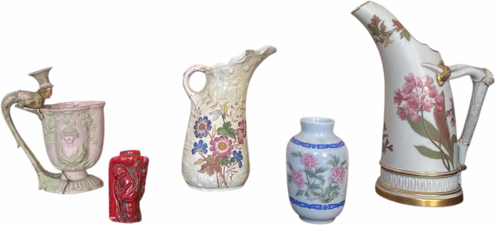 Photo 1 of 5- VINTAGE PORCELAIN AND RESIN EWER, PITCHER VASE AND VASES, HOME DECOR, COLLECTABLE ITEM

H7.5”