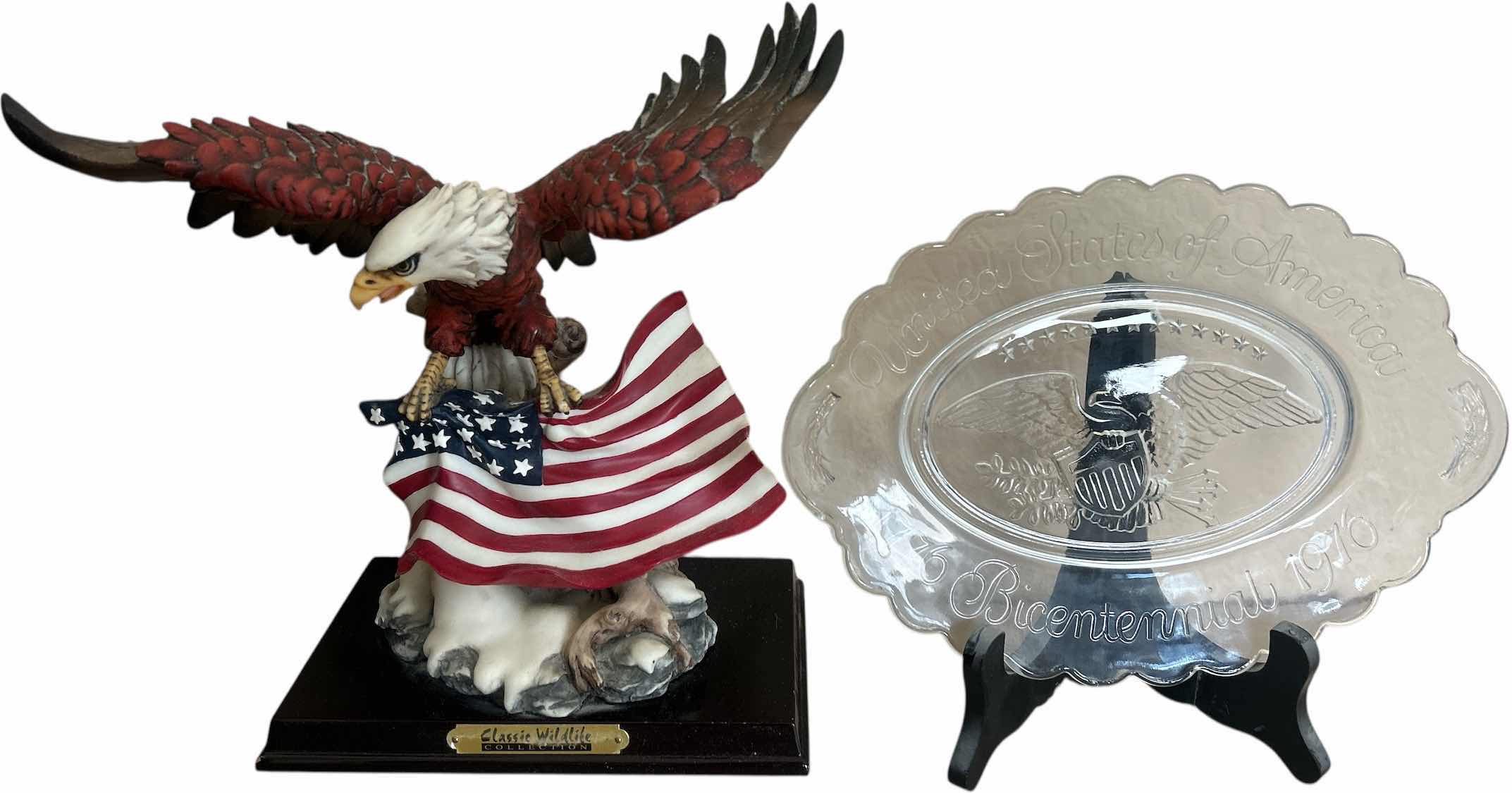 Photo 1 of 2 - AMERICANA PIECES, EAGLE AND FLAG STATUE H9.5” AND BICENTENNIAL PLATE