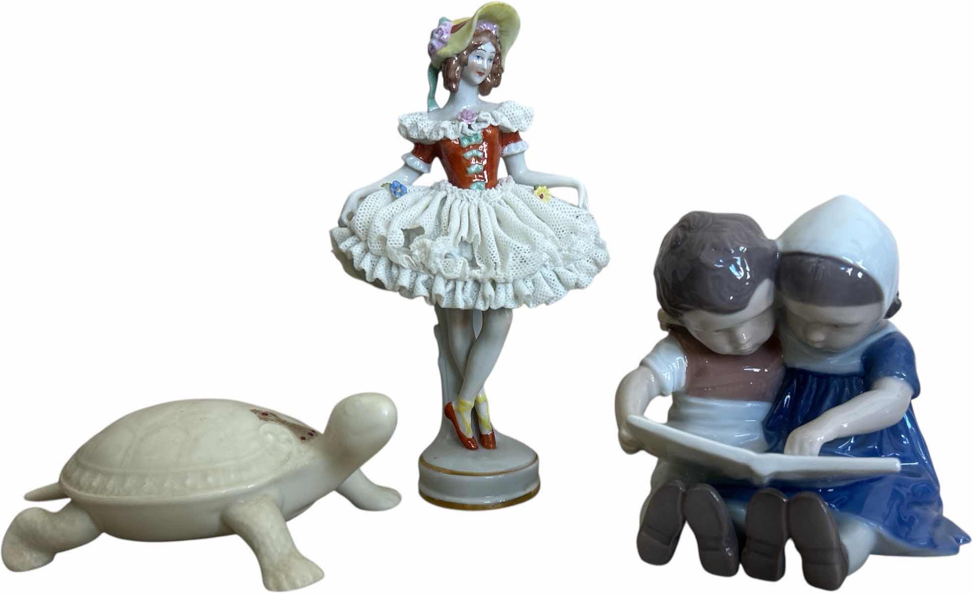 Photo 1 of 3 PC PORCELAIN- LENOX TURTLE, COPPENHAGEN NUMBERED BOY AND GIRL FIGURINE, WOMAN FIGURINE H 6.5”