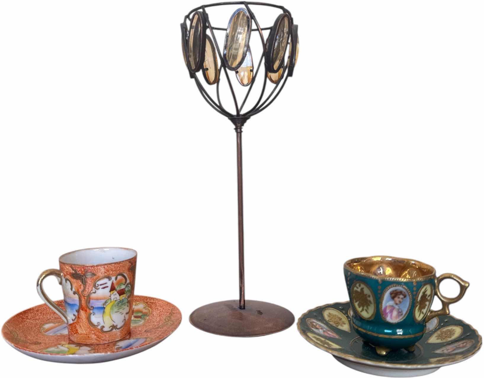 Photo 1 of 3 VINTAGE PORCELAIN JAPANESE TEACUPS WITH SAUCERS, AND GLASS METAL CANDLE HOLDER

H9” AND SMALLER