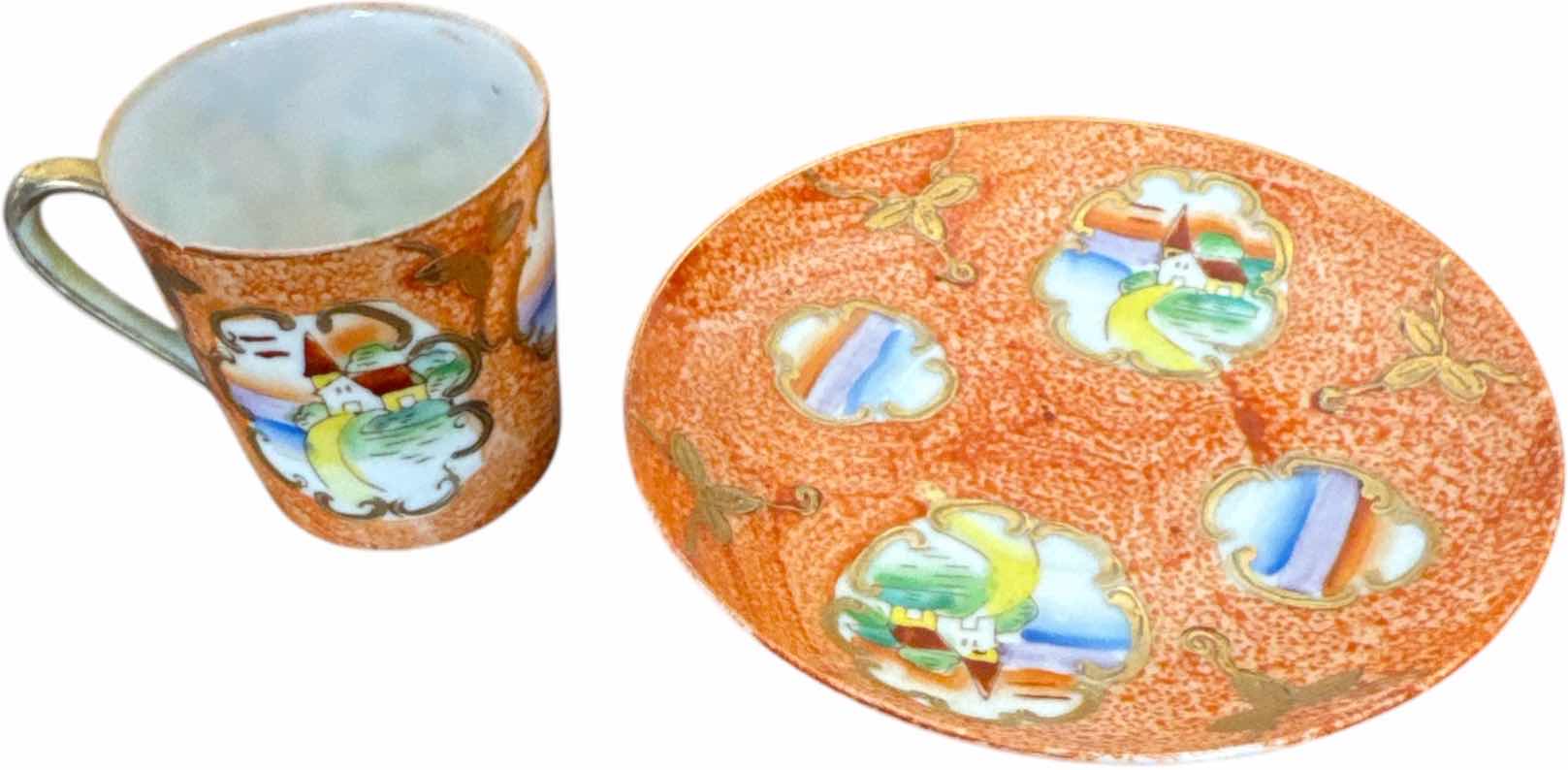 Photo 3 of 3 VINTAGE PORCELAIN JAPANESE TEACUPS WITH SAUCERS, AND GLASS METAL CANDLE HOLDER

H9” AND SMALLER