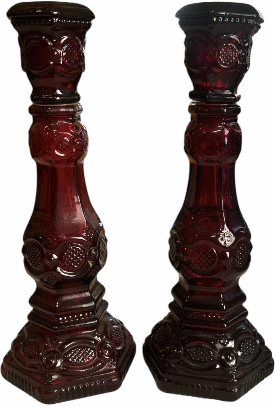 Photo 1 of 2 - VINTAGE RUBY RED CANDLEHOLDERS FROM AVON 1876 CAPE COD COLLECTION H8.5”