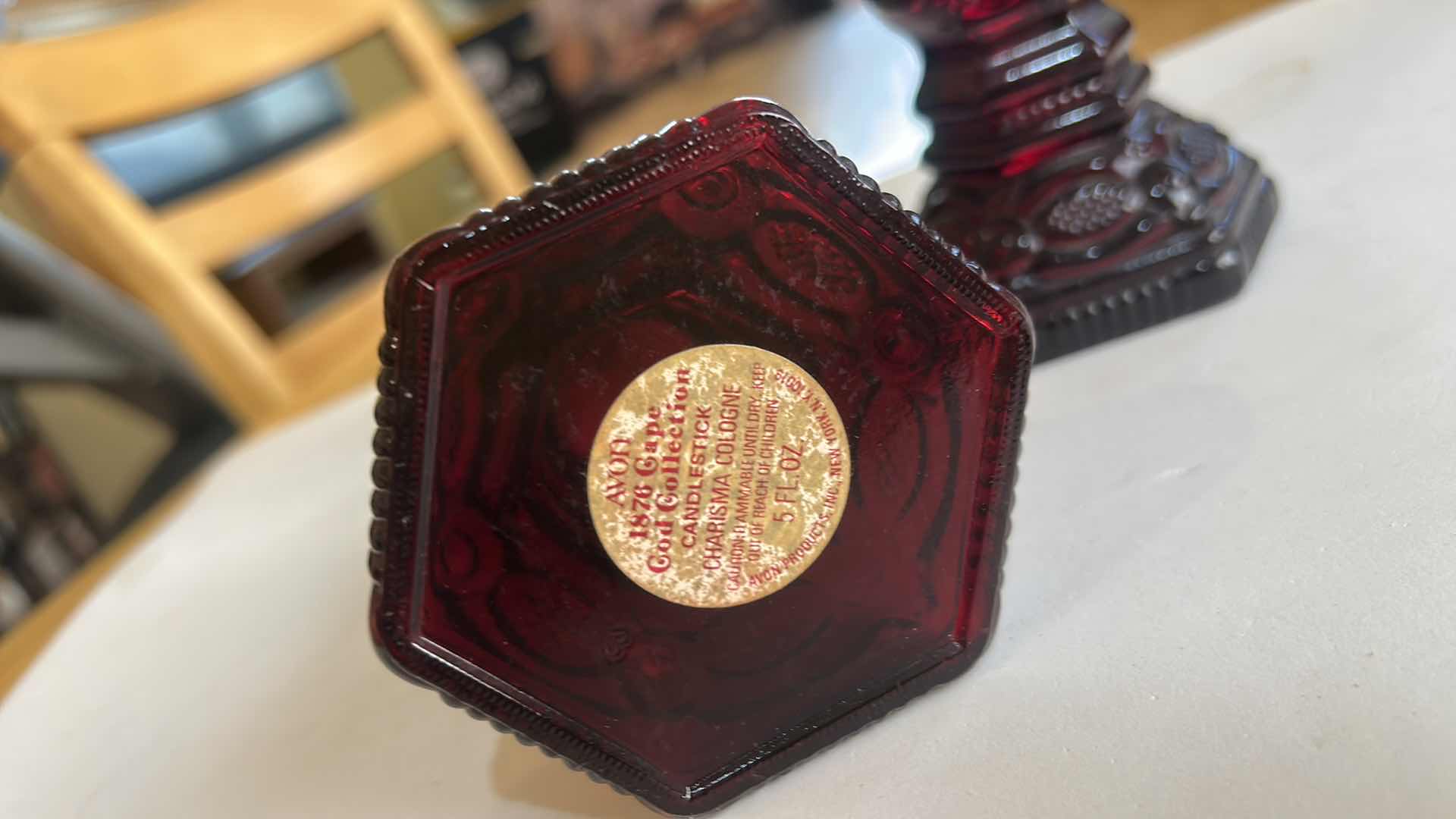 Photo 3 of 2 - VINTAGE RUBY RED CANDLEHOLDERS FROM AVON 1876 CAPE COD COLLECTION H8.5”