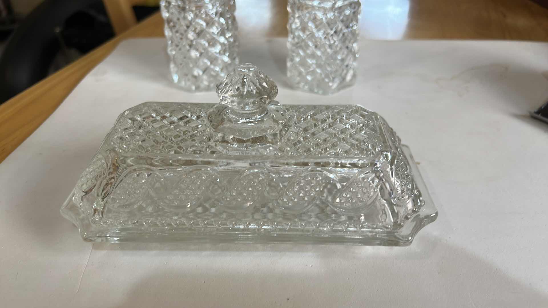 Photo 1 of 2 GLASS CRUETS WITH STOPPERS & BUTTER DISH