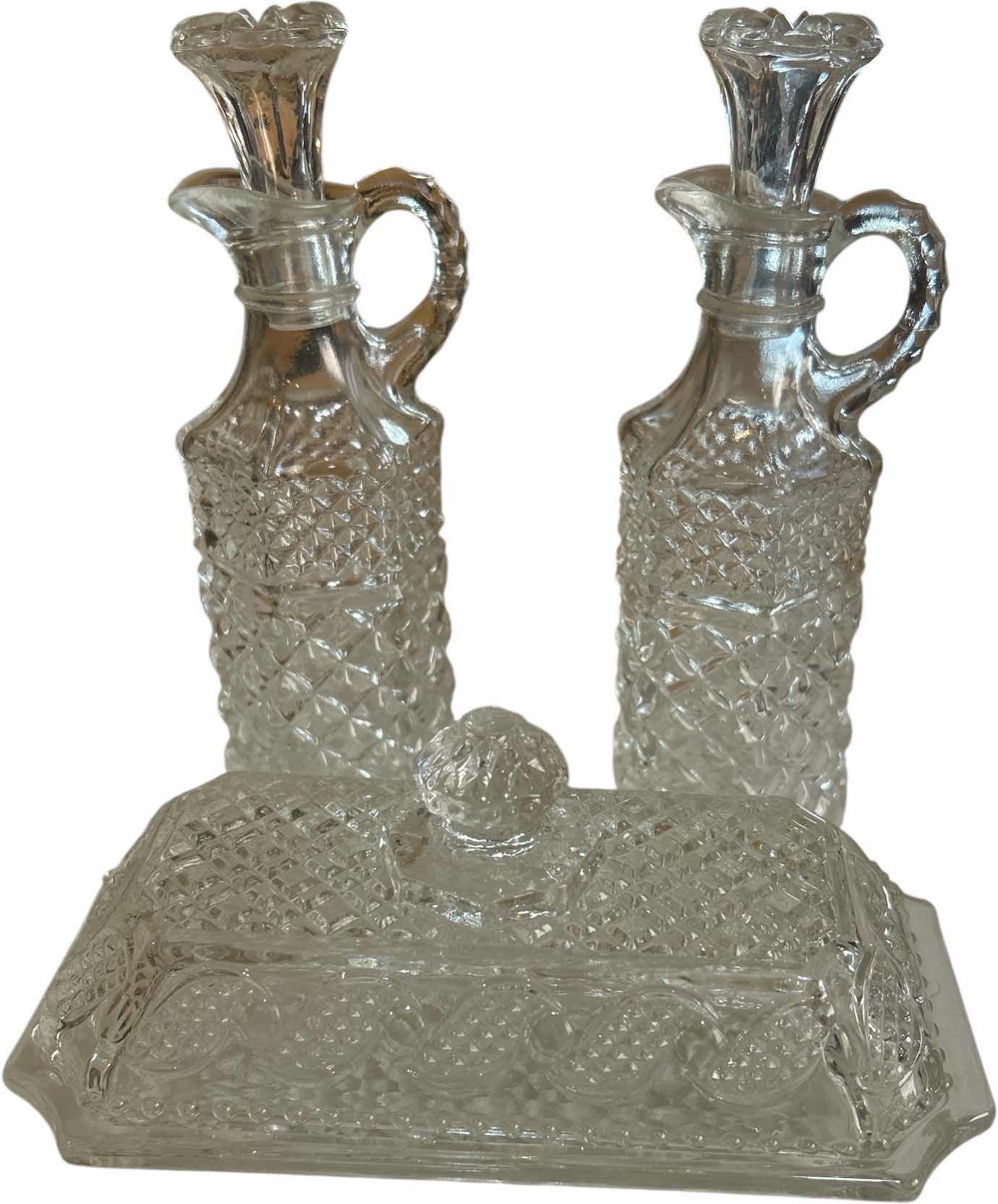 Photo 1 of 2 GLASS CRUETS WITH STOPPERS & BUTTER DISH