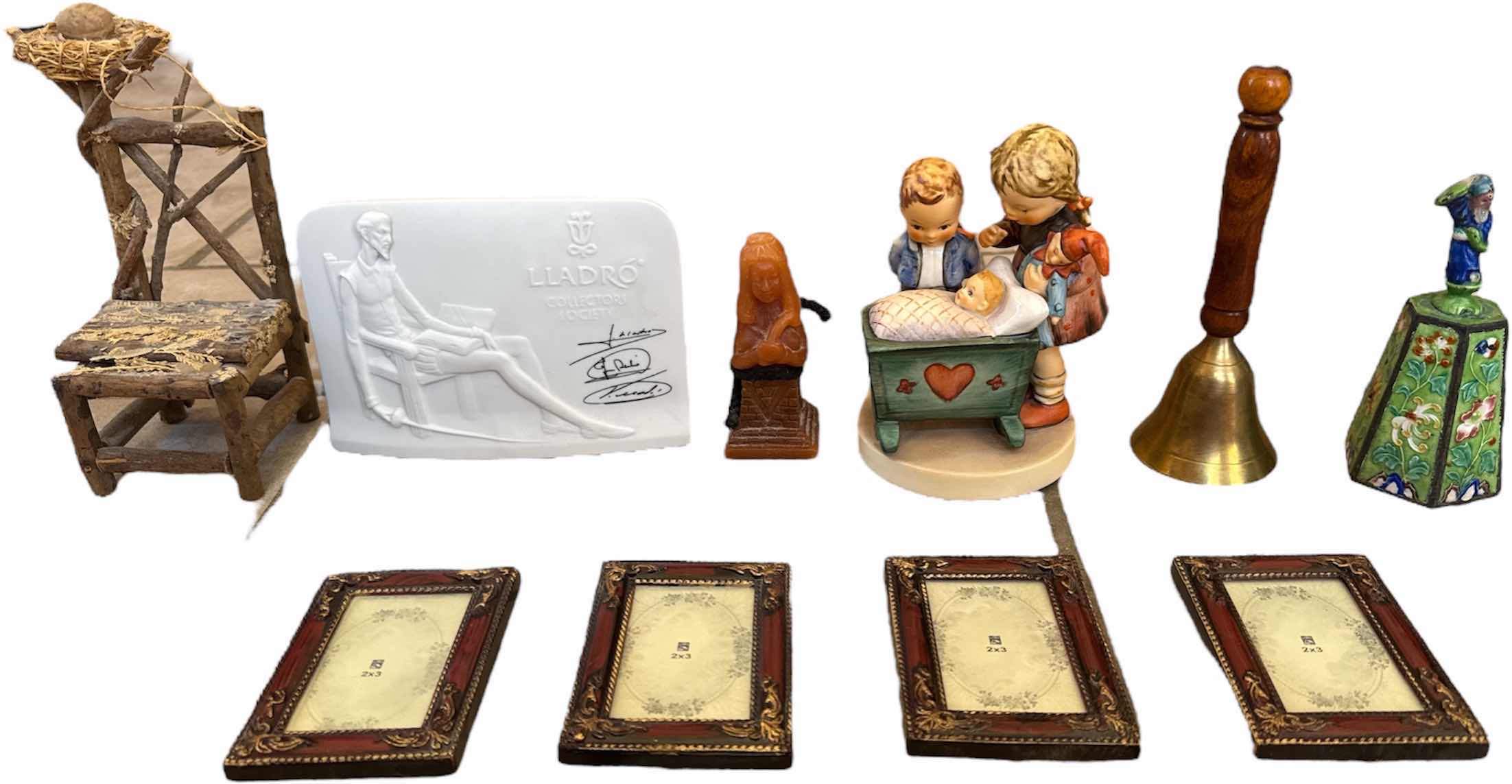 Photo 1 of 10- VINTAGE HOME DECOR, MINIATURE PICTURE FRAMES, HUMMEL PORCELAIN FIGURINE, WAX FIGURINES, ANTIQUE BELLS